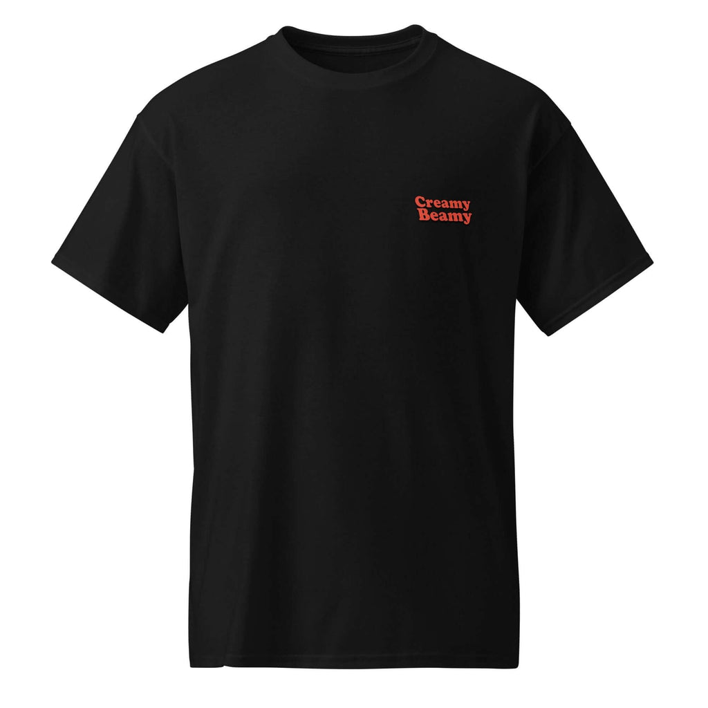 Black Creamy Beamy Tee featuring a catchy orange logo, perfect for stout lovers and pub sessions.
