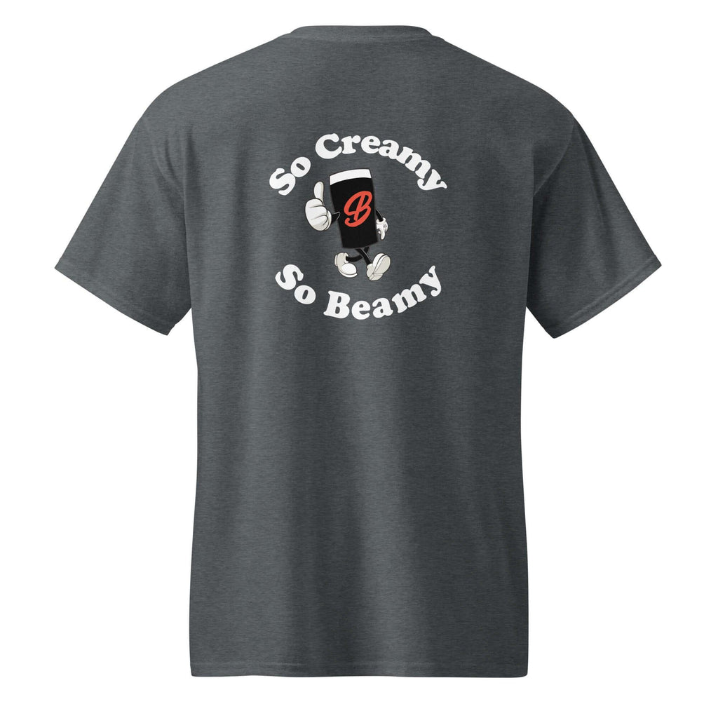 Back view of the Creamy Beamy Tee featuring a cartoon pint and the phrase 'So Creamy, So Beamy' for stout lovers.