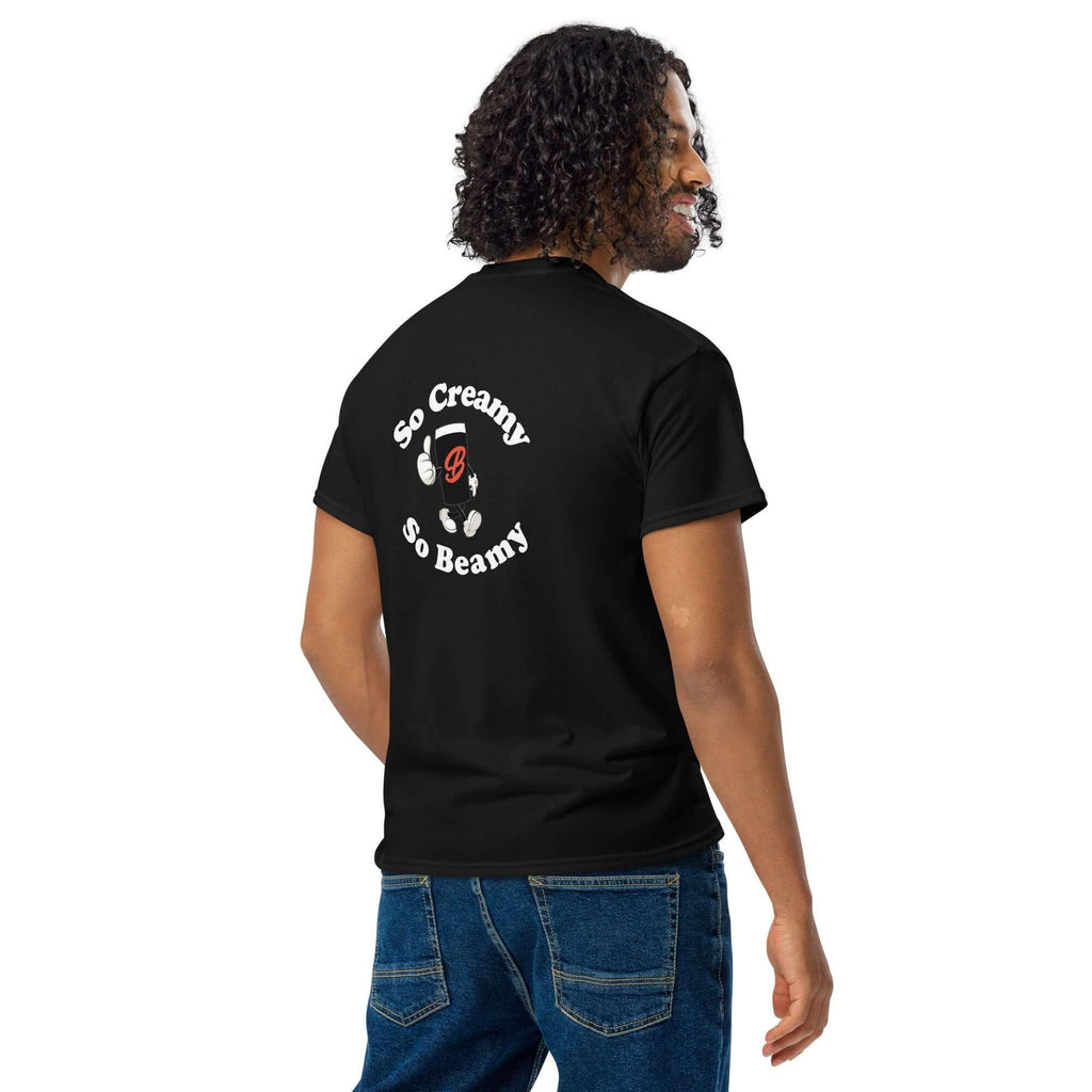 Back view of the Creamy Beamy Tee featuring cartoon character and playful text for stout lovers.