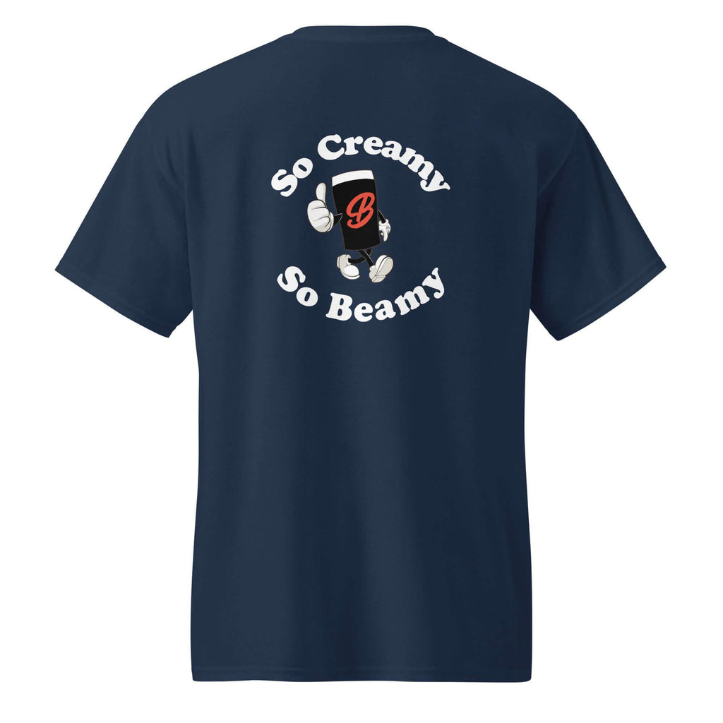 Back of Creamy Beamy Tee featuring cartoon character and text 'So Creamy, So Beamy' for stout drinkers.