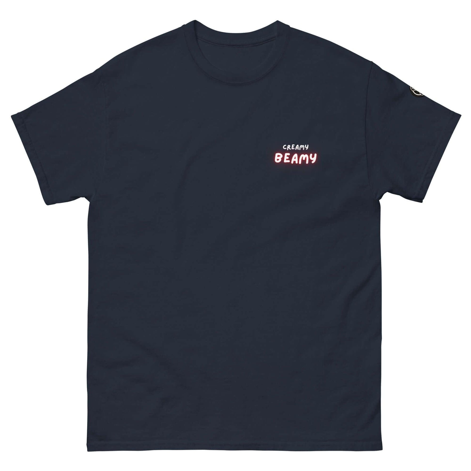 Creamy Beamy Uni Sex T-shirt in navy, showcasing playful design for stout lovers.