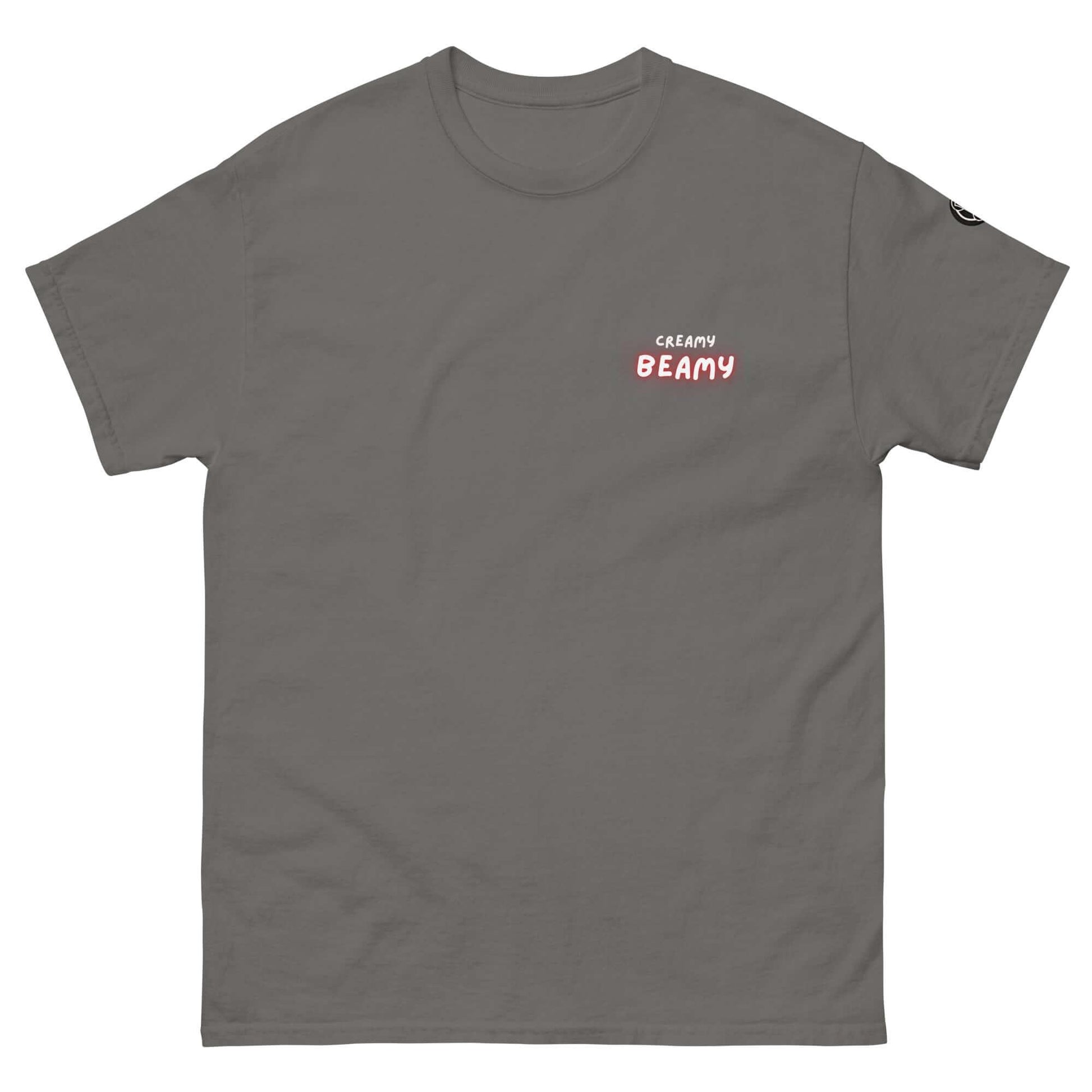 Creamy Beamy Uni Sex T-shirt in gray, perfect for stout lovers who appreciate bold, playful designs.