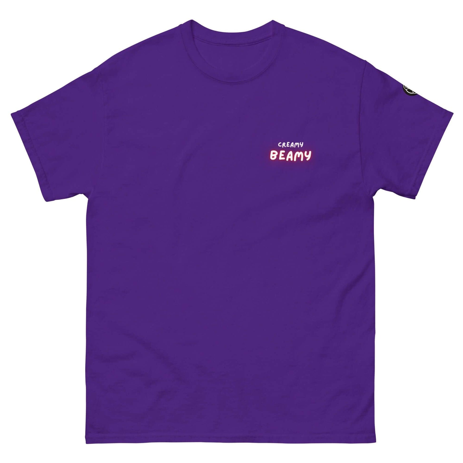 Purple Creamy Beamy Uni Sex T-shirt showcasing bold, playful design for stout lovers.