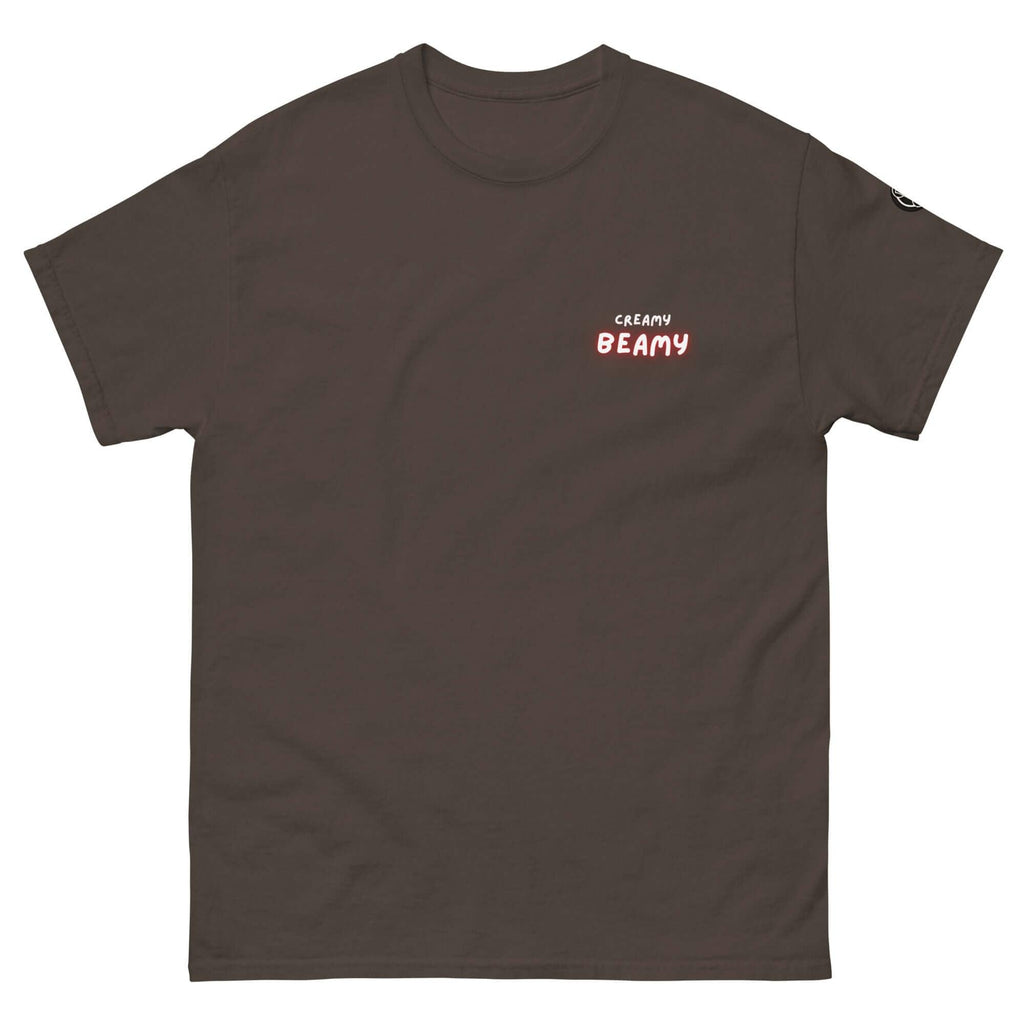 Creamy Beamy Uni Sex T-shirt in dark brown, bold playful design for stout lovers, perfect for beer enthusiasts.