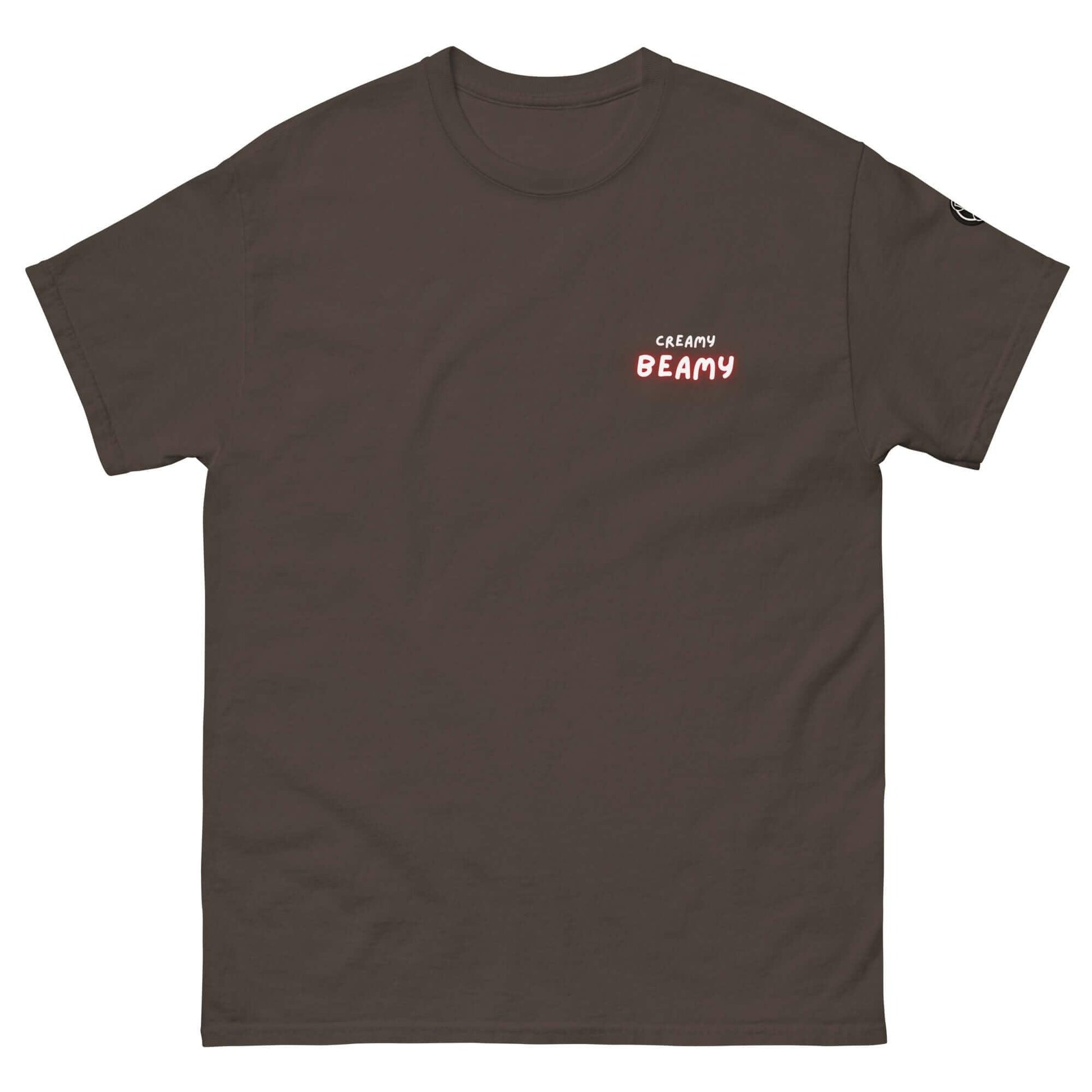 Creamy Beamy Uni Sex T-shirt in dark brown, bold playful design for stout lovers, perfect for beer enthusiasts.