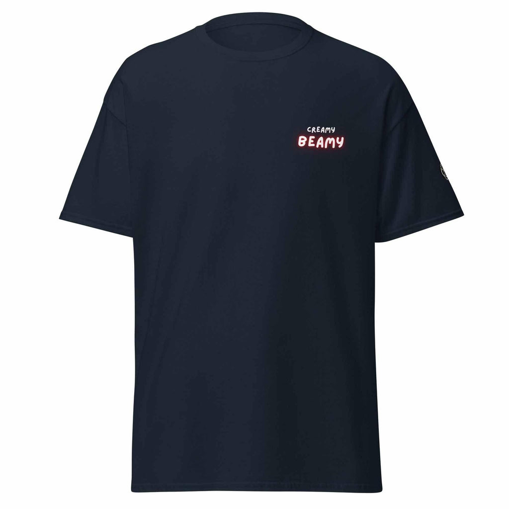 Navy blue Creamy Beamy Uni Sex T-shirt celebrating Beamish Irish Stout with a bold playful design.