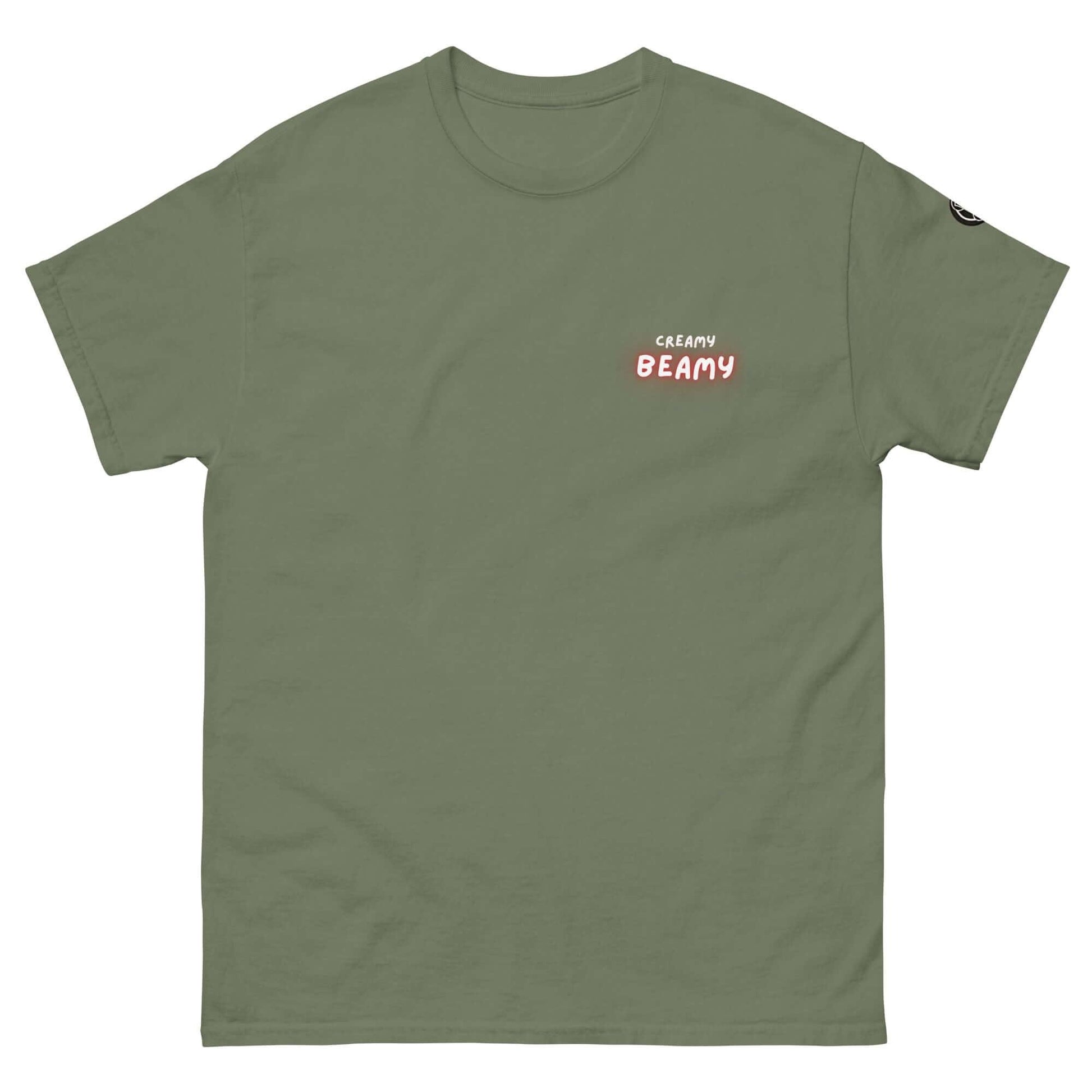 Creamy Beamy Uni Sex T-shirt in olive green, celebrating Beamish Irish Stout with a bold design.