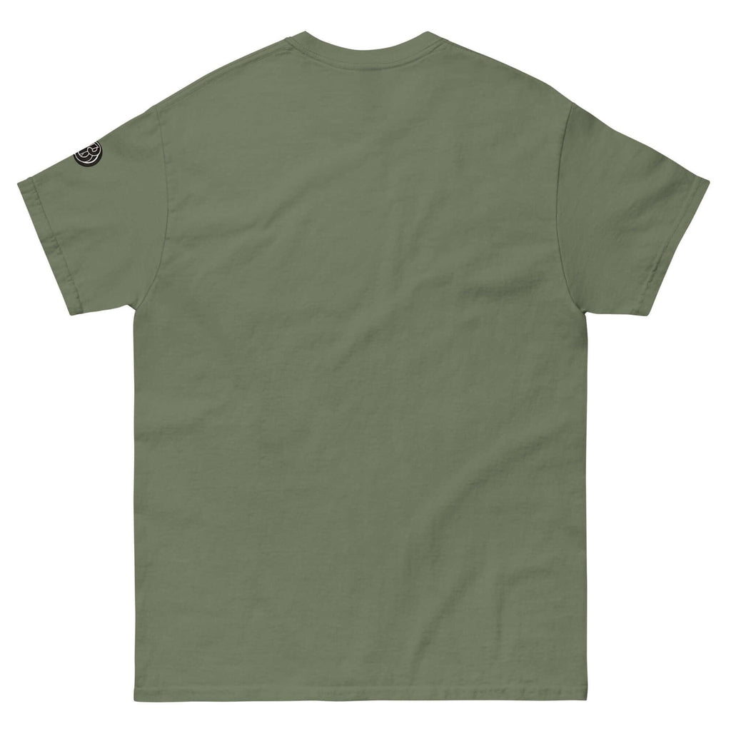 Back view of Creamy Beamy Uni Sex T-shirt in olive green, perfect for stout lovers.