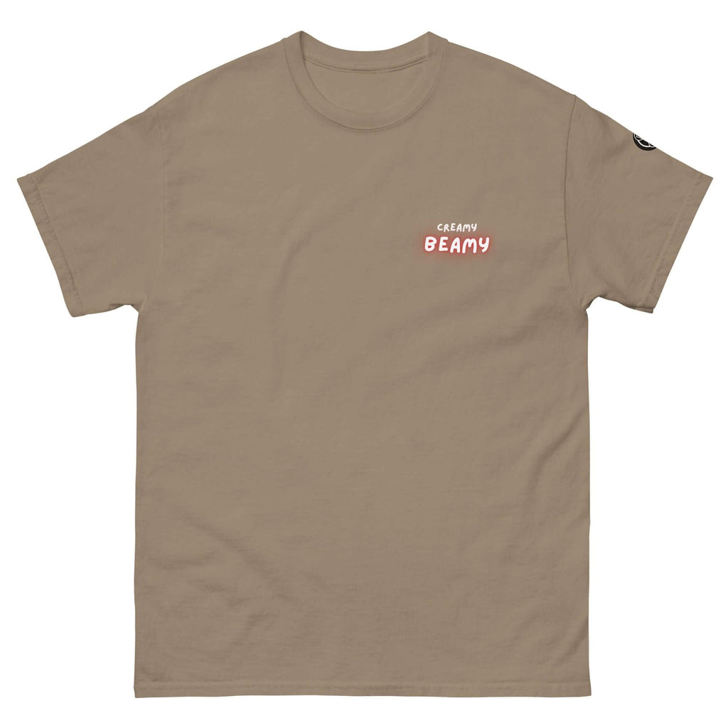 Creamy Beamy Uni Sex T-shirt in beige, perfect for stout lovers who appreciate bold style and playful design.