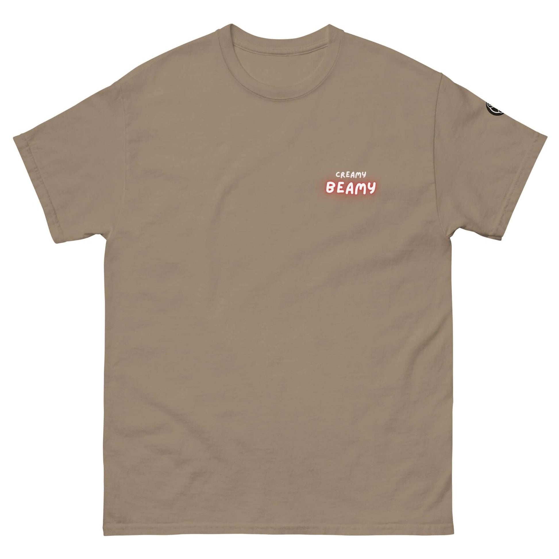 Creamy Beamy Uni Sex T-shirt in beige, perfect for stout lovers who appreciate bold style and playful design.