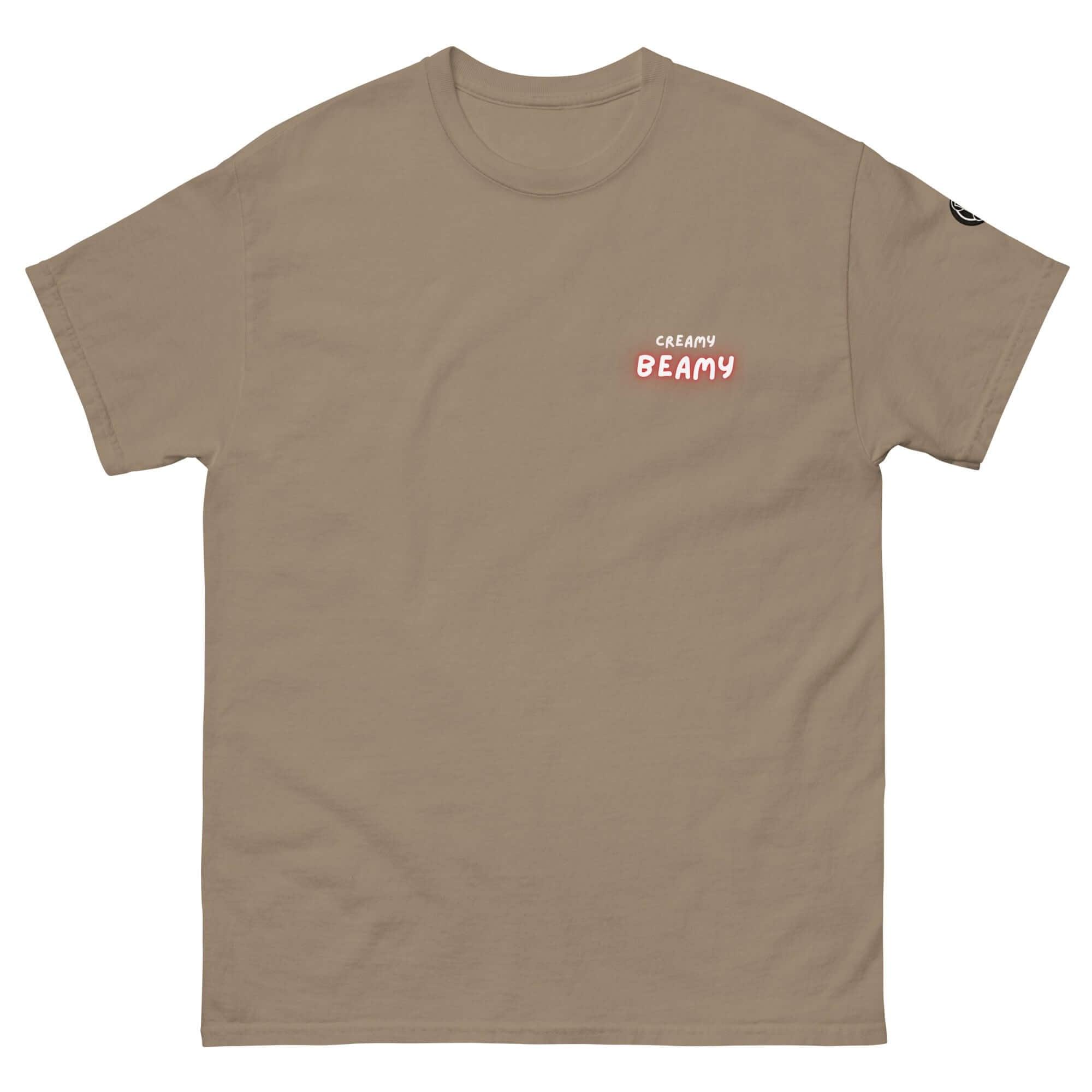 Creamy Beamy Uni Sex T-shirt in beige, perfect for stout lovers who appreciate bold style and playful design.