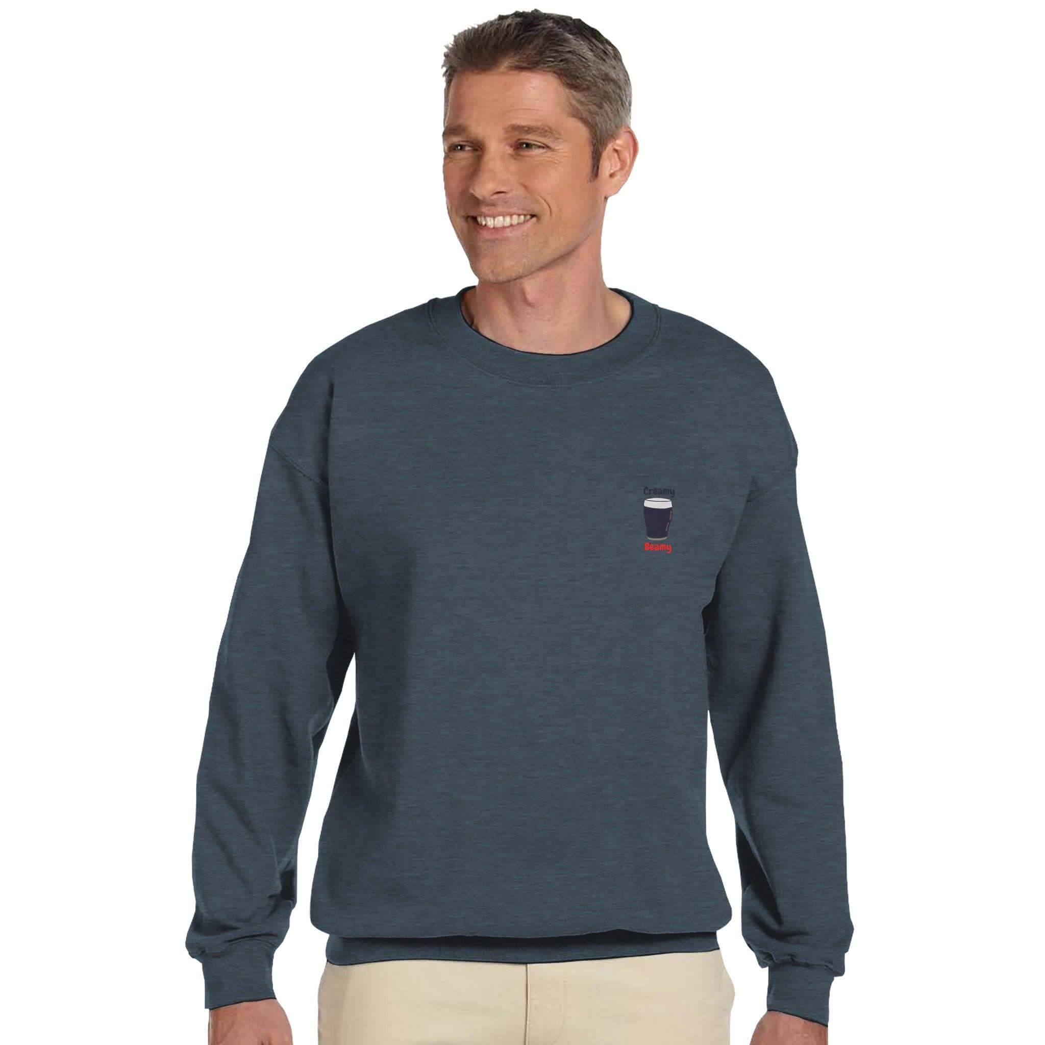 Man wearing Creamy Beamy's Jumper sweatshirt designed for Beamish Stout lovers, showcasing quality and comfort.