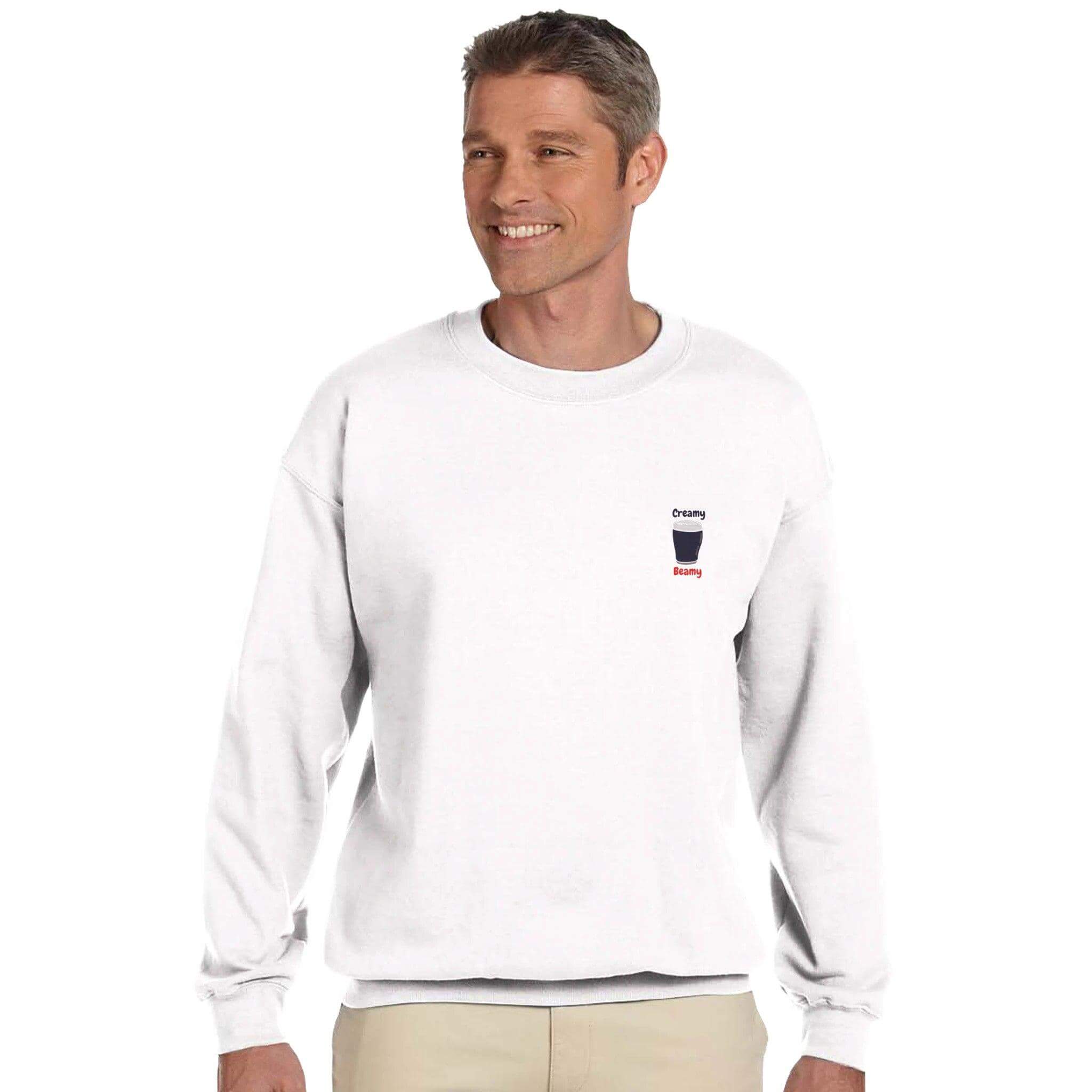 Man wearing Creamy Beamy's Jumper sweatshirt, perfect for Beamish Stout lovers, showcasing style and comfort.