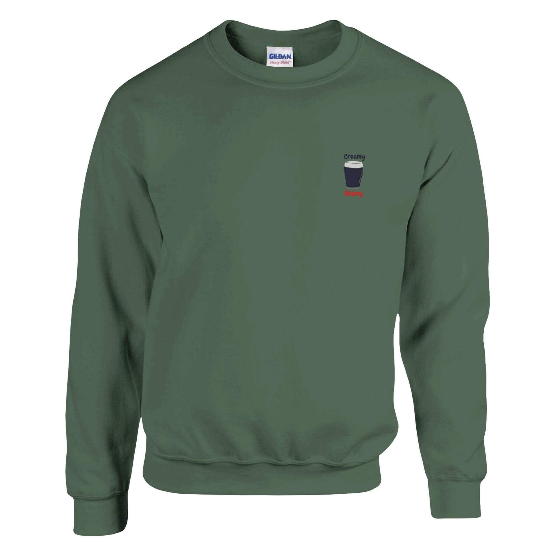 Creamy Beamy's Jumper, green sweatshirt for Beamish Stout lovers, featuring a pint glass design.