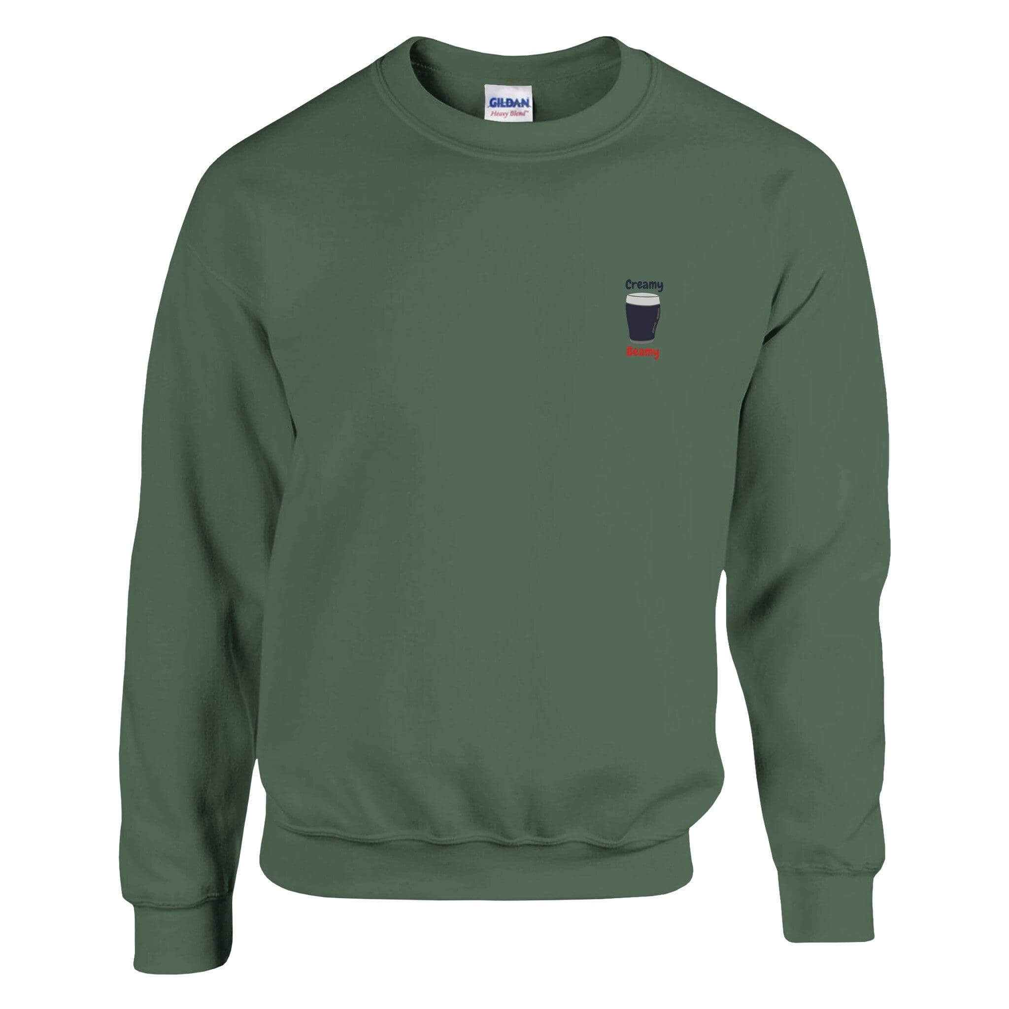 Creamy Beamy's Jumper, green sweatshirt for Beamish Stout lovers, featuring a pint glass design.