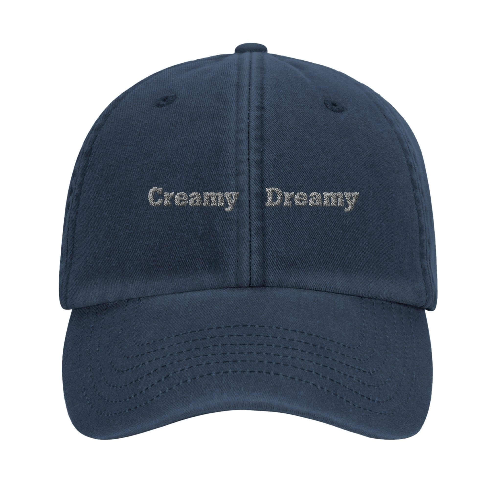 Creamy Dreamy Guinness Hat, vintage dad cap in navy blue with embroidered text for casual style.
