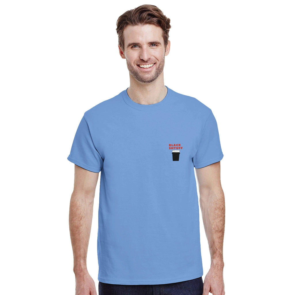 Man wearing a blue t-shirt featuring a pint glass design and the phrase "Lookin' for a Pint of the Black Shtuff."