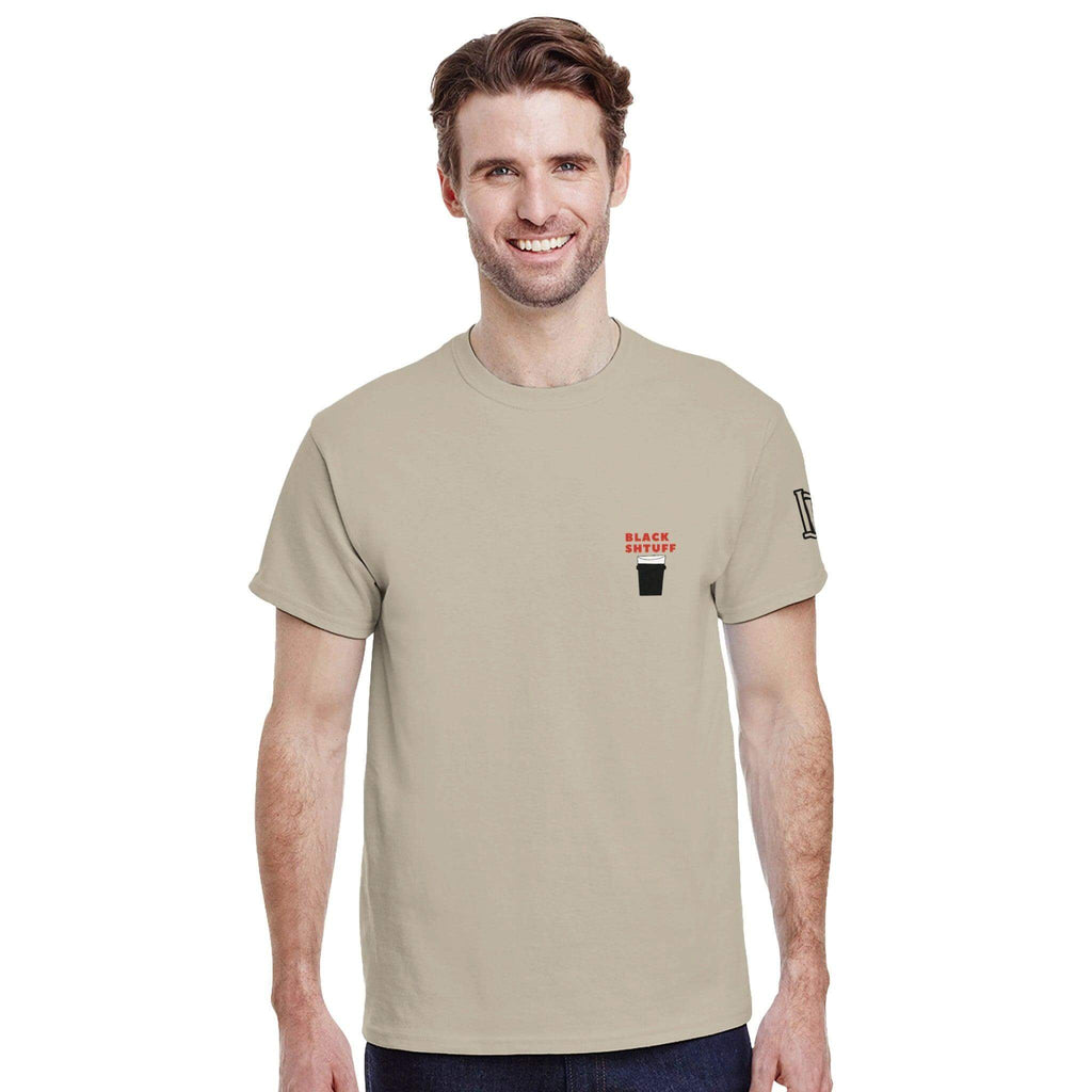 Man wearing a beige Guinness Lover's T-Shirt featuring 'Black Shtuff' graphic, ideal for beer enthusiasts.