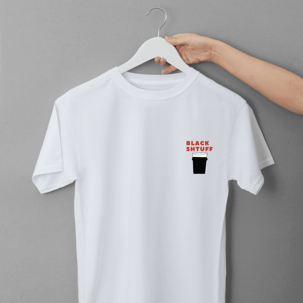 White t-shirt featuring 'Black Shtuff' graphic, perfect for Guinness lovers. Classic fit made of durable cotton.