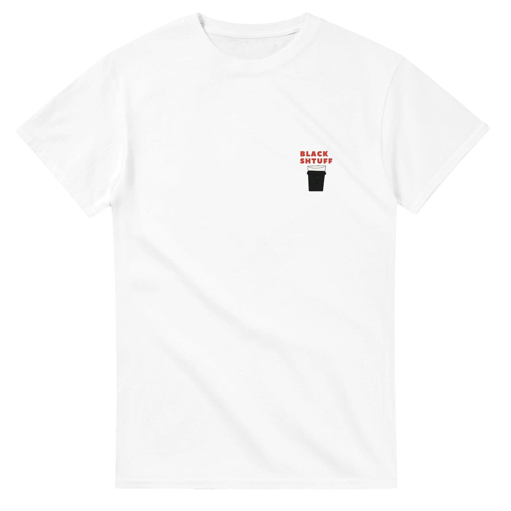 White t-shirt featuring 'BLACK SHTUFF' design with pint glass graphic, perfect for Guinness lovers.