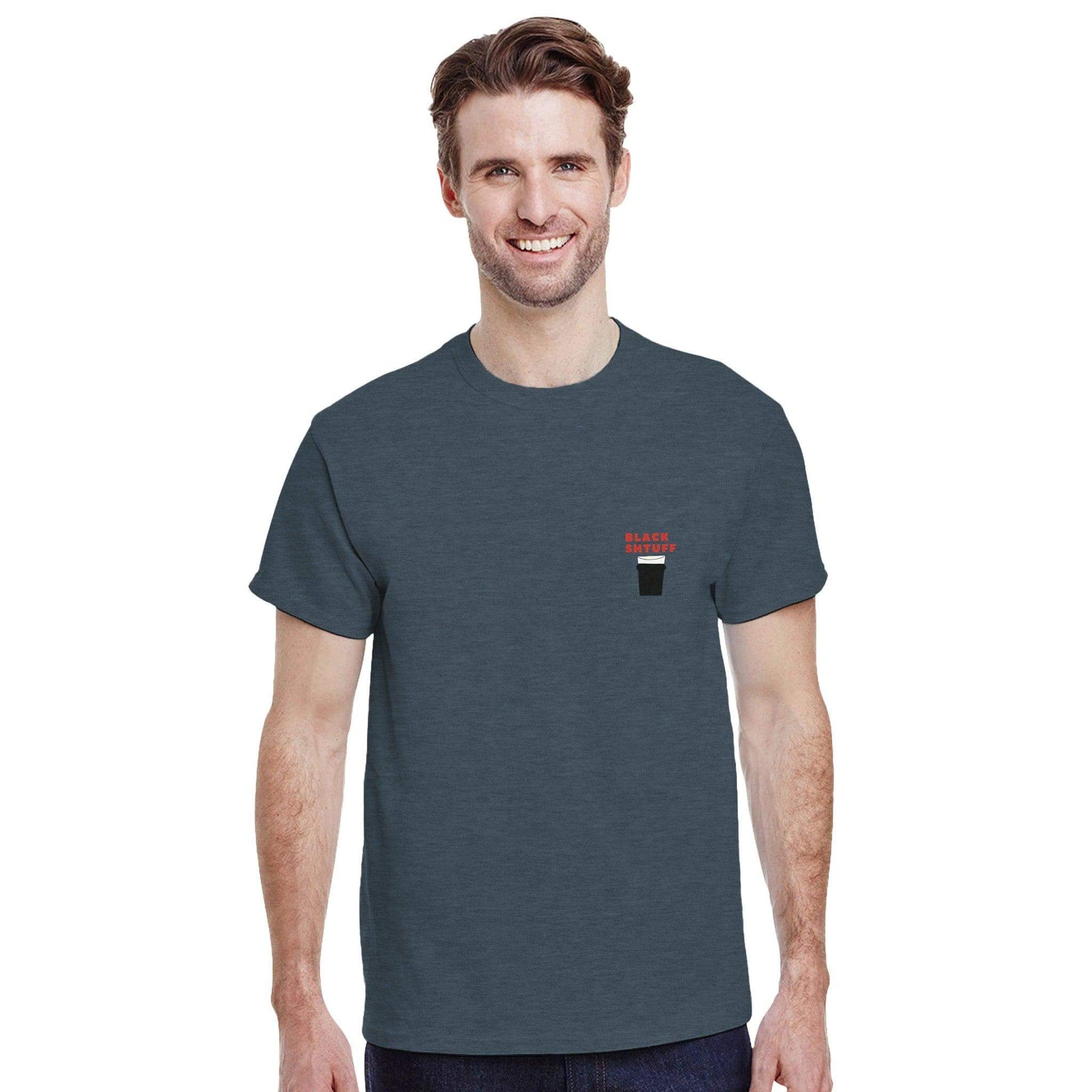 Man wearing the Guinness Lover's T-Shirt featuring 'Lookin' for a Pint of the Black Shtuff' design.