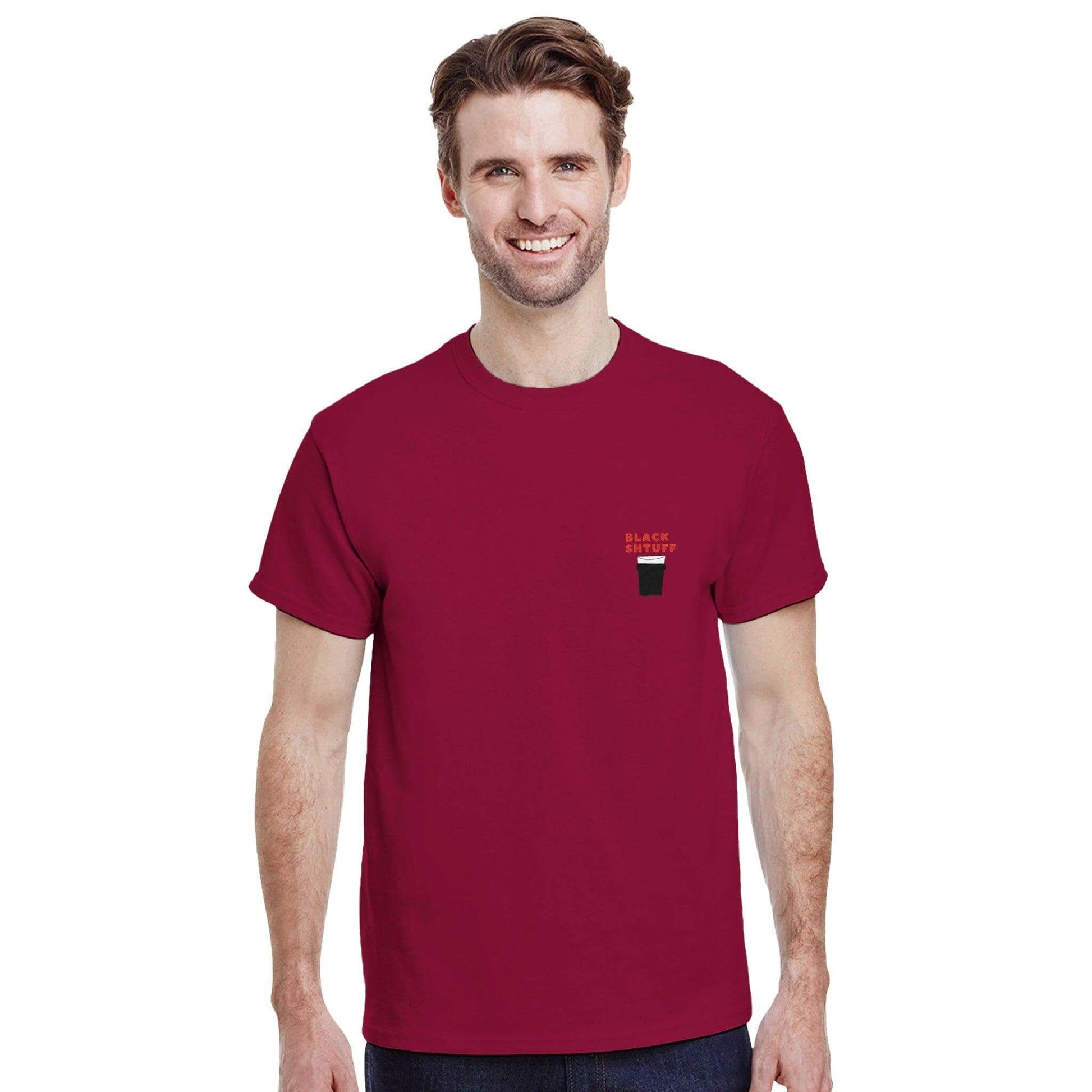Model wearing a maroon Guinness Lover's T-Shirt featuring a pint design, showcasing love for the iconic beer.