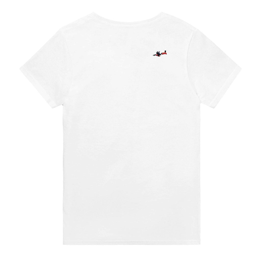 Back view of a white t-shirt featuring a small design, emphasizing comfort and casual style for Guinness lovers.