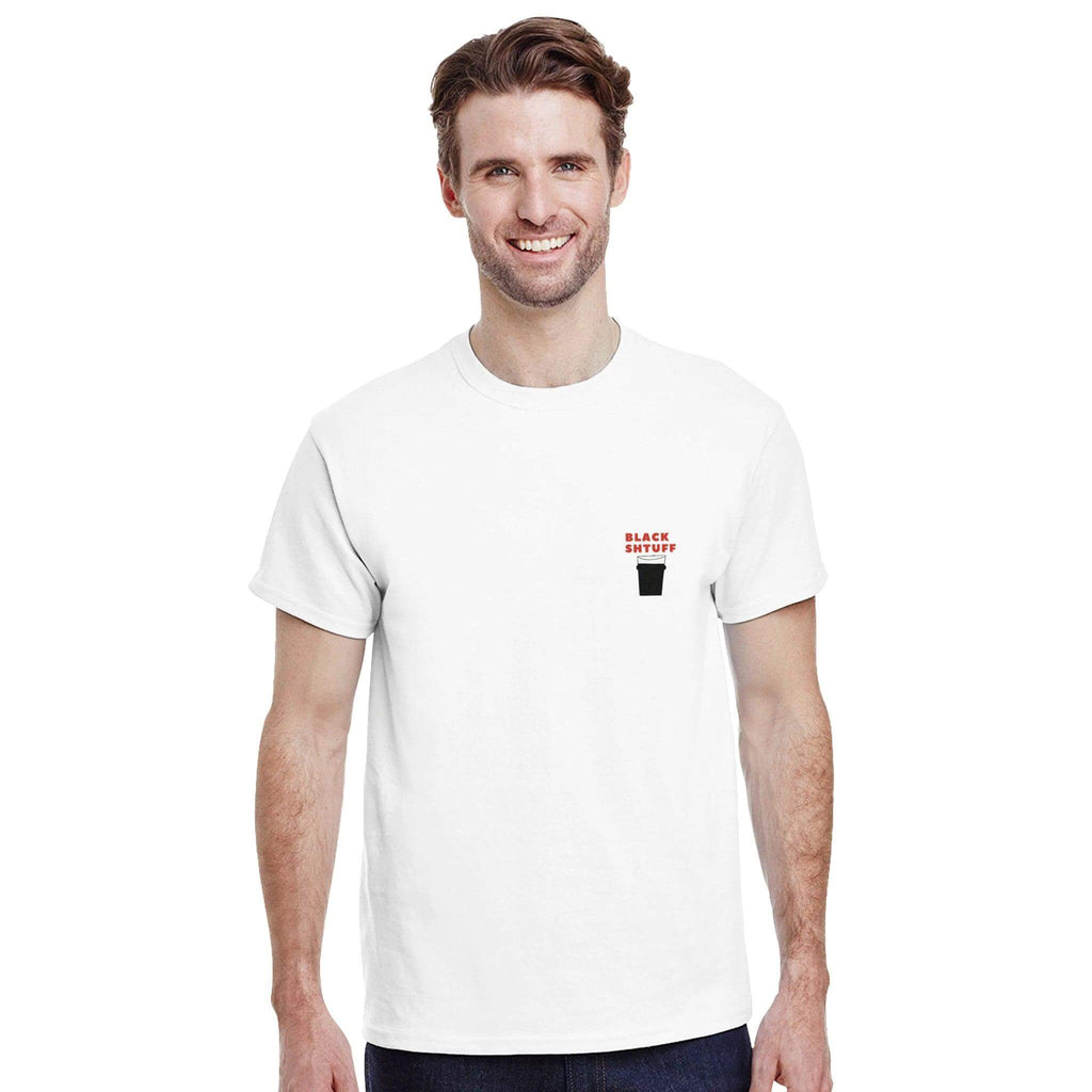 Man wearing a white t-shirt featuring 'Black Shtuff' text and pint graphic, showcasing Guinness love.