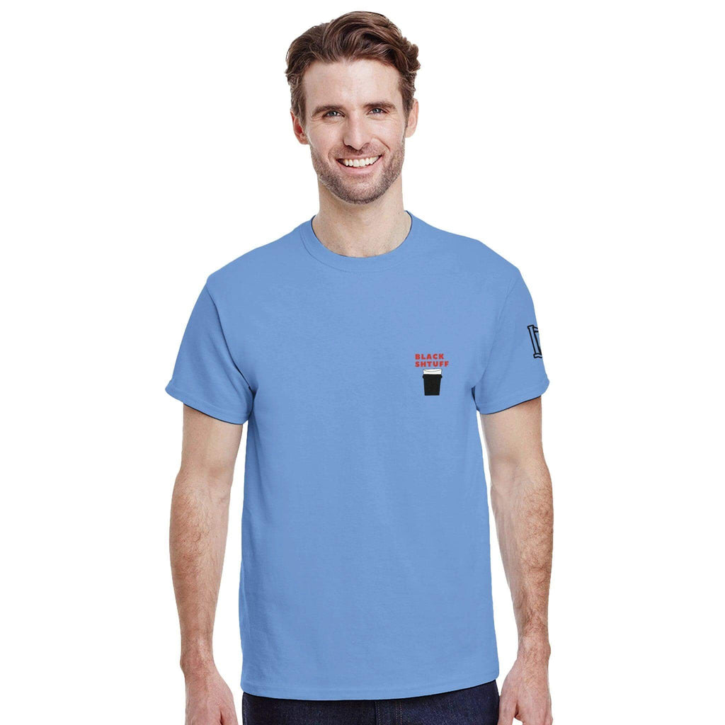 Man wearing a blue t-shirt featuring a pint glass graphic and text 'Black Shtuff', showcasing Guinness passion.