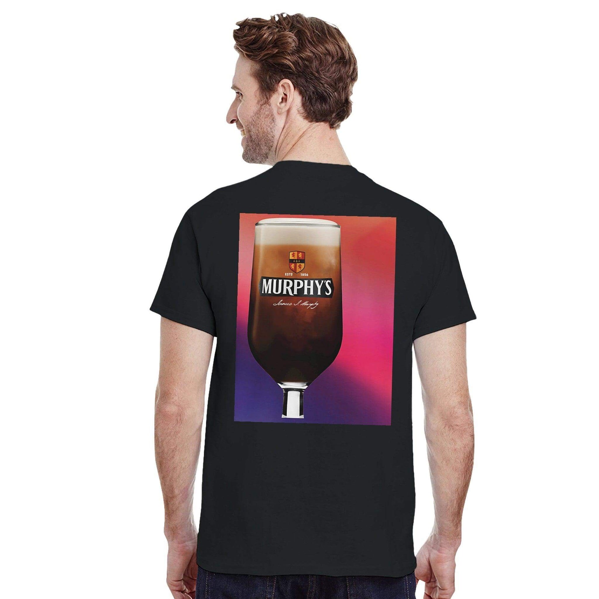Man wearing a Murphys Irish Stout Cotton T-Shirt showcasing a vibrant beer graphic on the back.