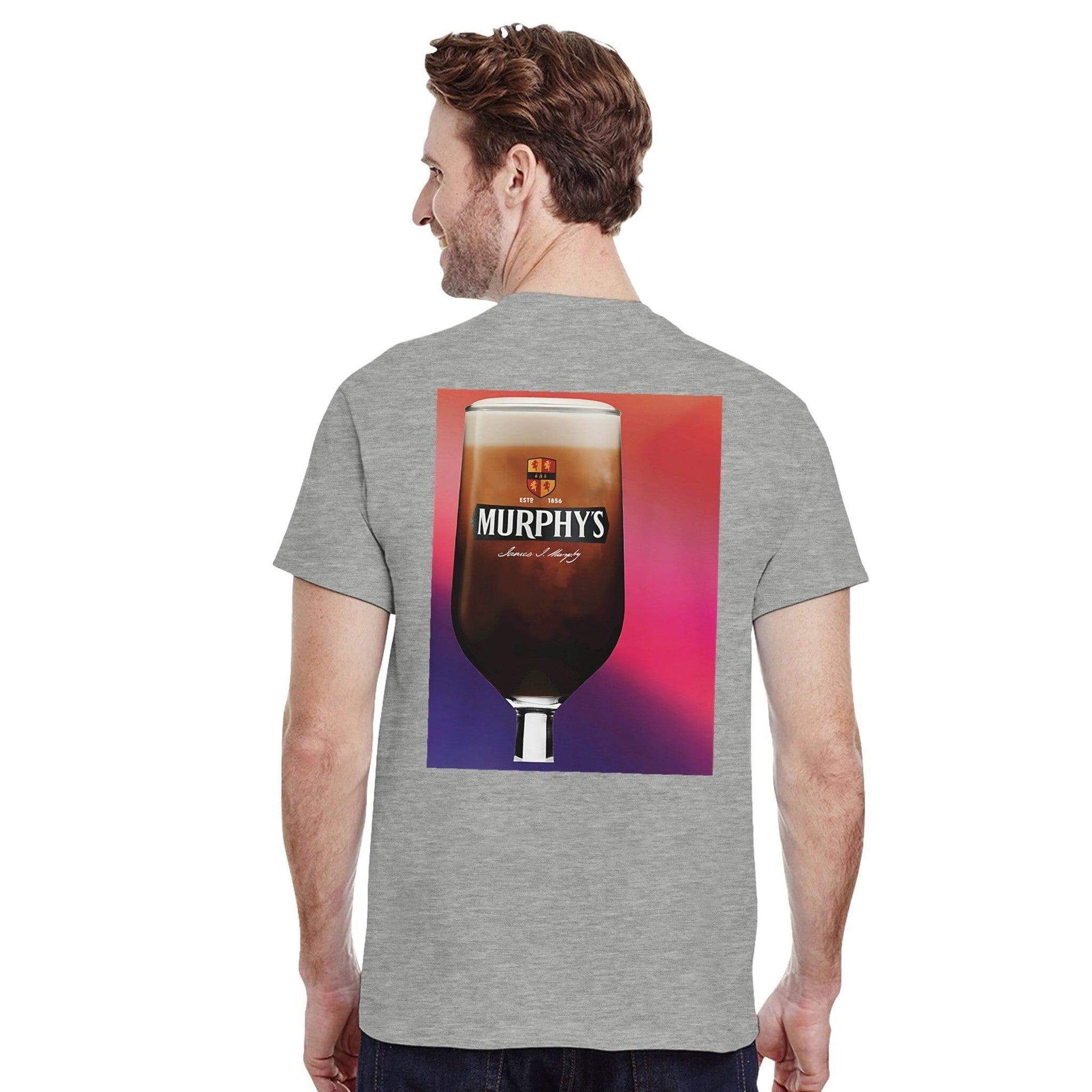 Man wearing Murphys Irish Stout cotton t-shirt featuring a vibrant graphic of a stout glass.