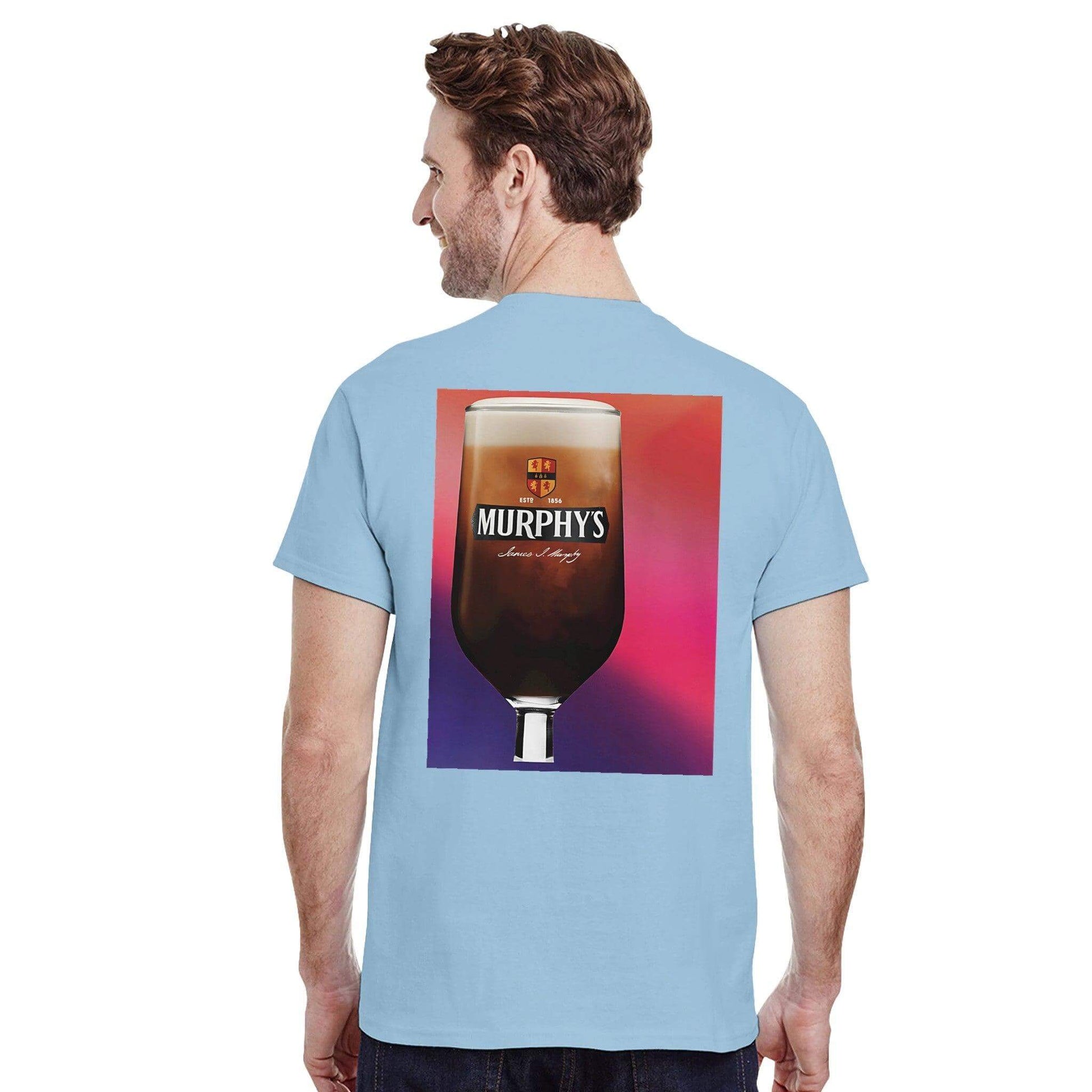 Back view of a man wearing a Murphys Irish Stout Cotton T-Shirt featuring a vibrant beer glass graphic.