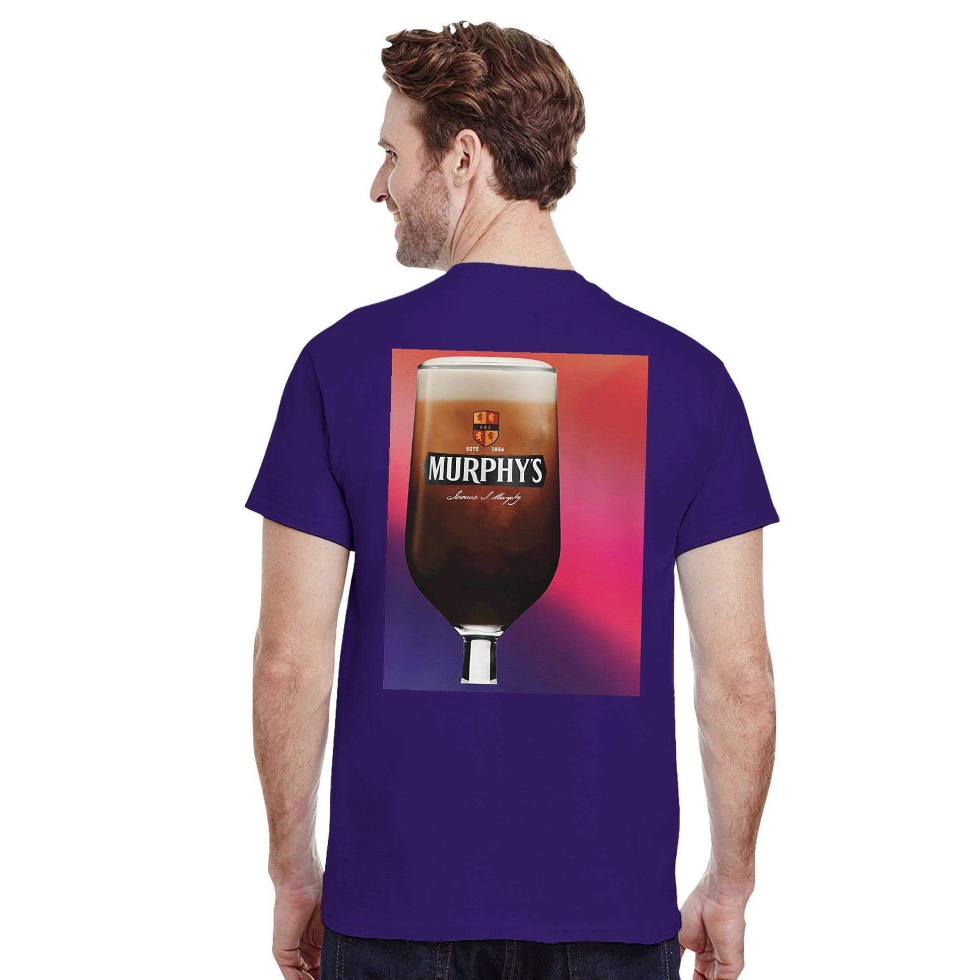 Man wearing a purple Murphys Irish Stout T-shirt showcasing a graphic of a stout glass on the back.