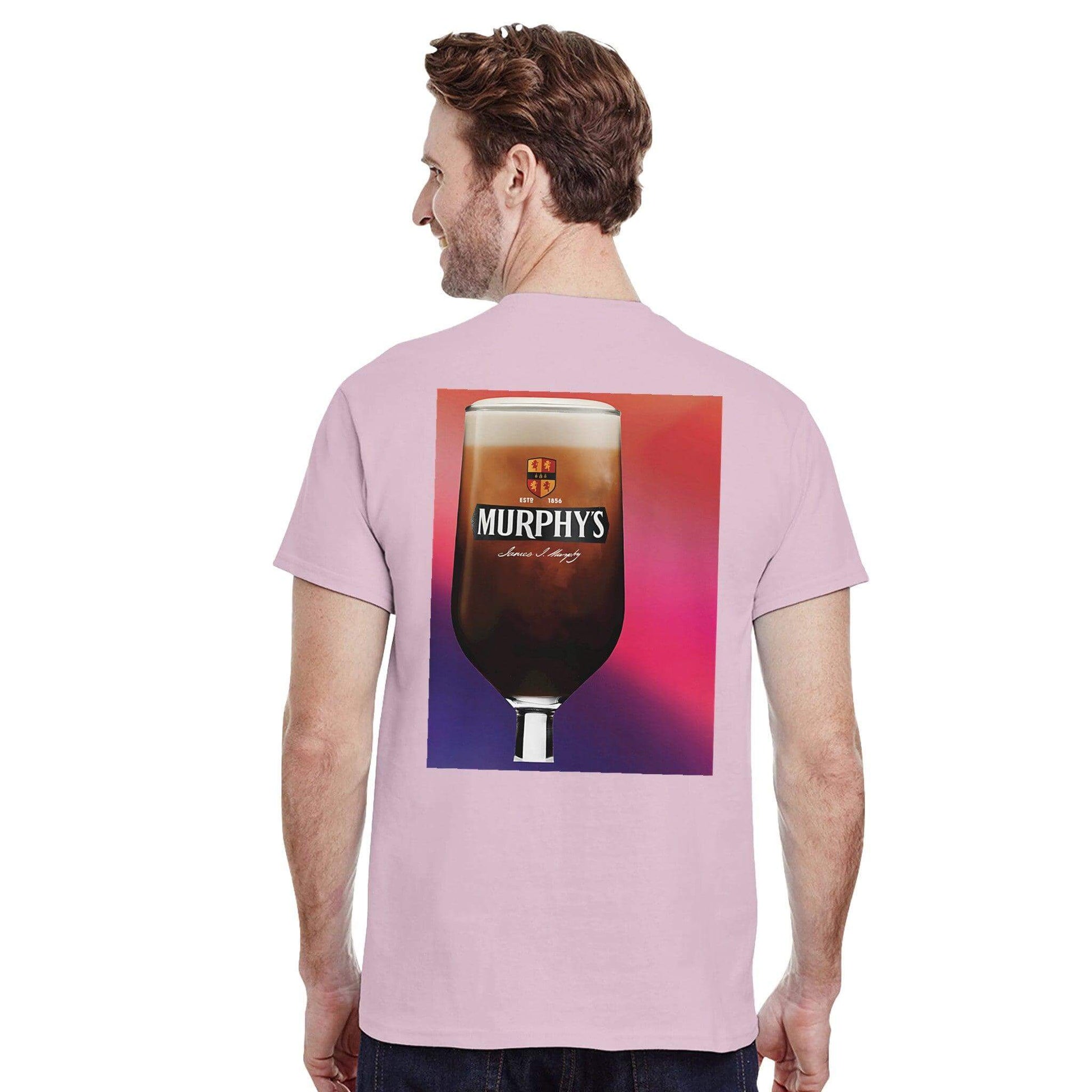 Man wearing a pink Murphys Irish Stout t-shirt featuring a glass of stout on the back.