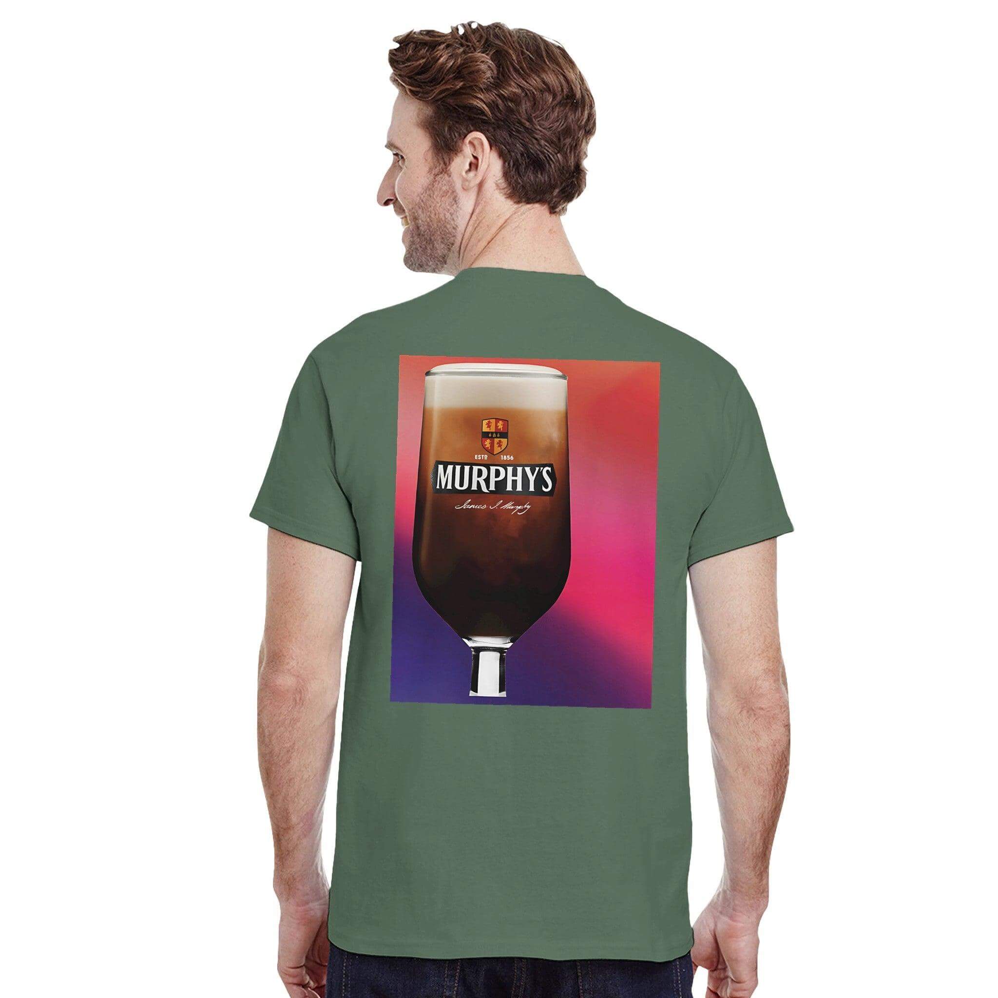 Back view of a man wearing a green Murphys Irish Stout T-Shirt featuring a glass of stout design.