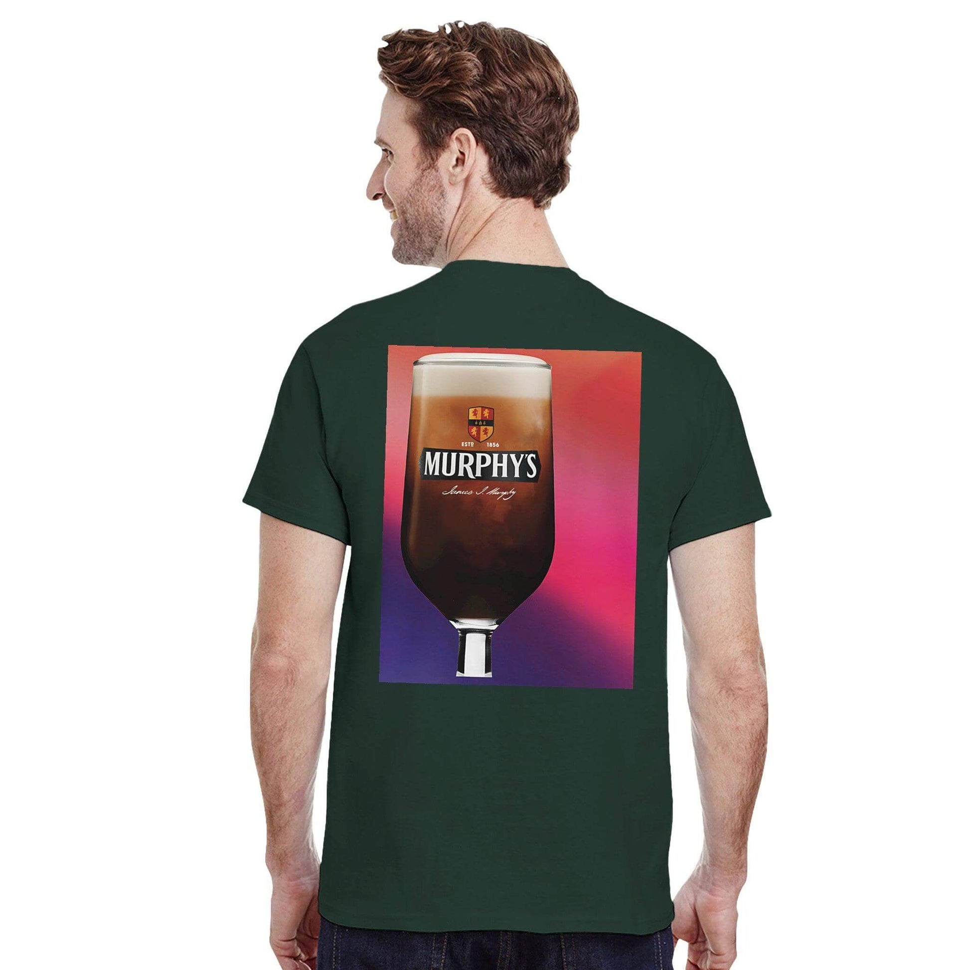 Man wearing Murphys Irish Stout Cotton T-Shirt with a vibrant beer glass graphic on the back, celebrating craft beer.