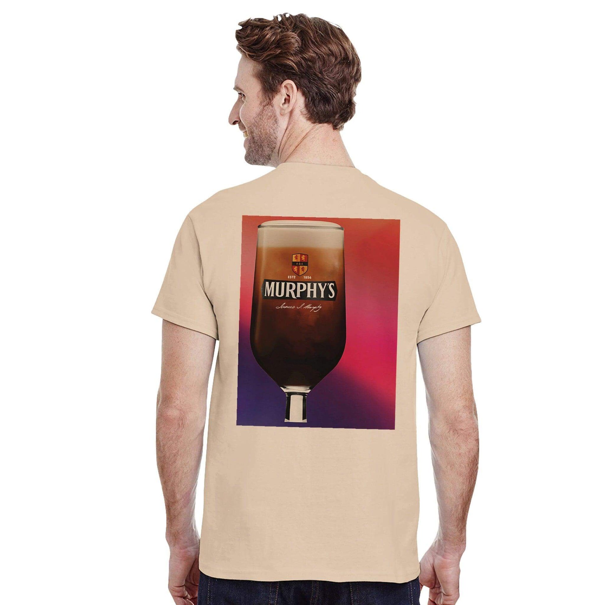 Back view of man wearing Murphys Irish Stout Cotton T-Shirt with a large pint glass design.
