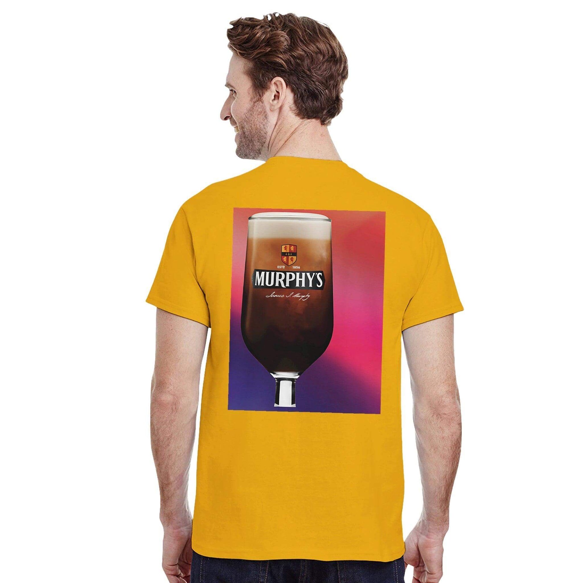 Back view of a man wearing a yellow Murphys Irish Stout t-shirt featuring a pint glass graphic.