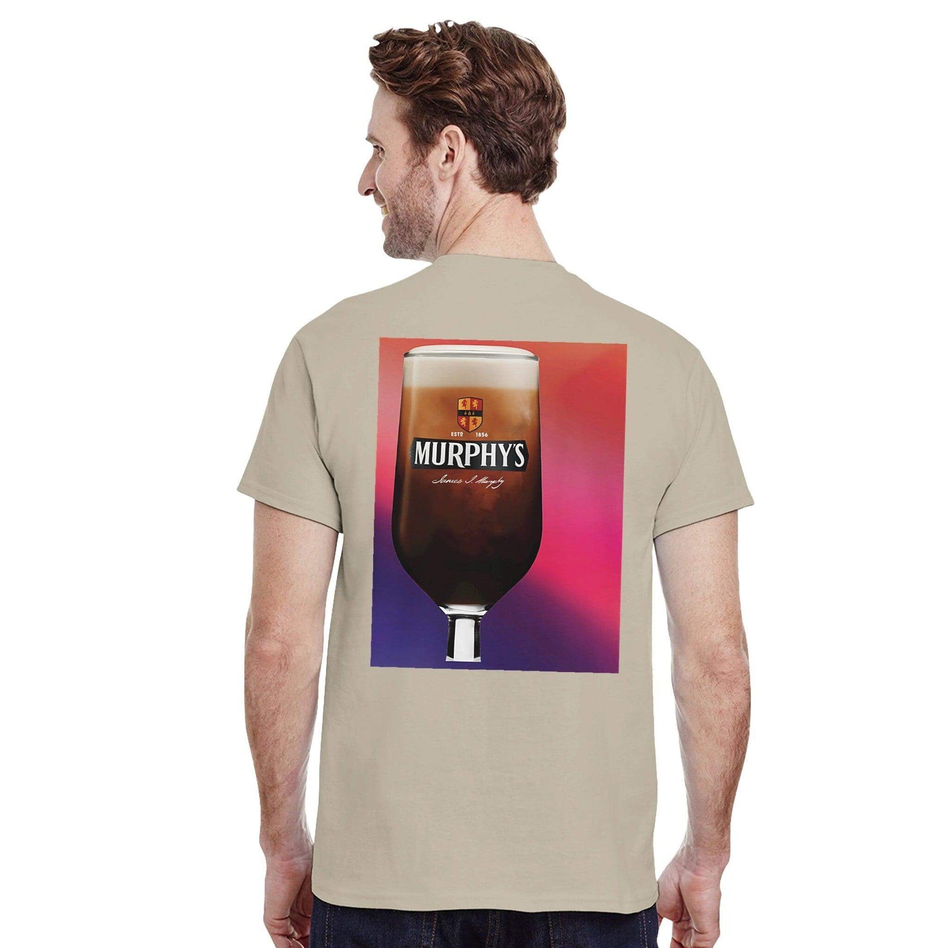 Man wearing Murphys Irish Stout Cotton T-Shirt featuring iconic beer glass graphic on the back.