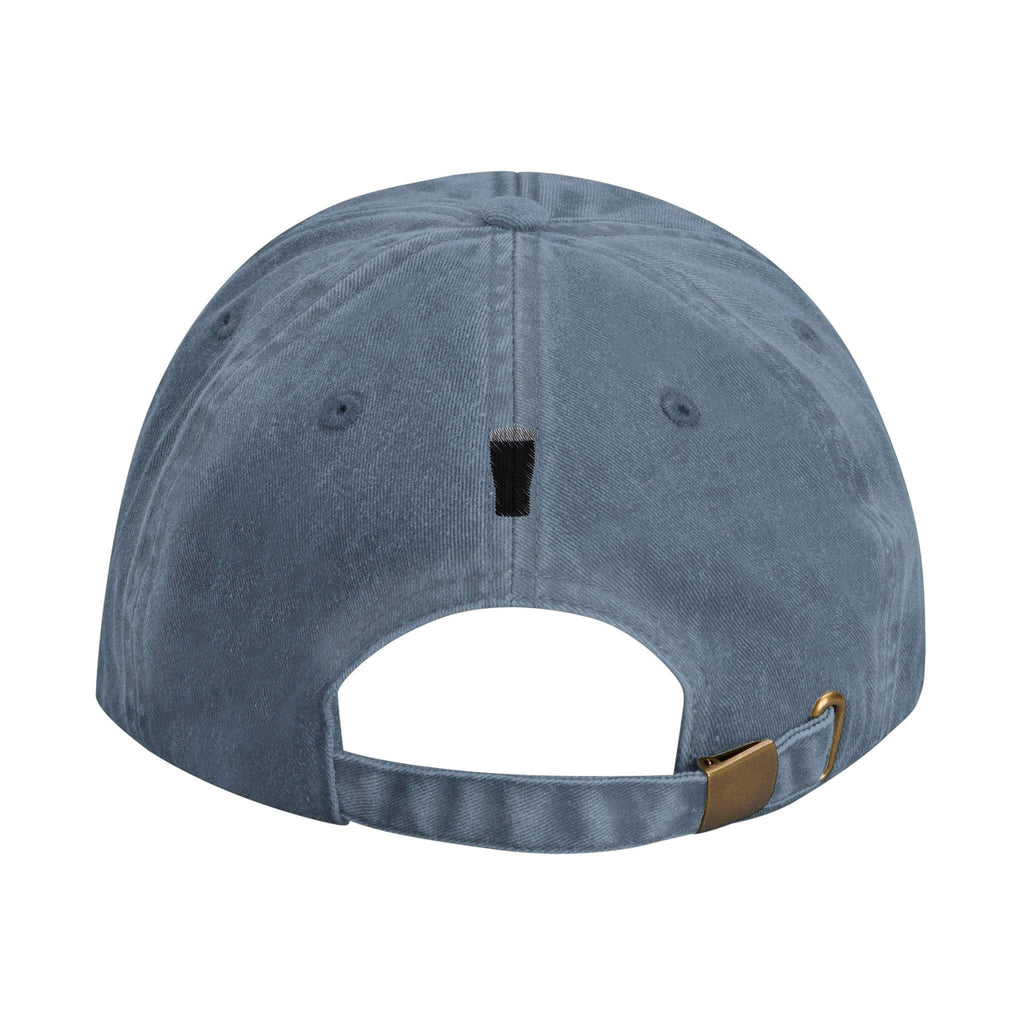 Back view of a Pint of Plain dad hat with brass buckle and stitched ventilation eyelets in vintage blue.