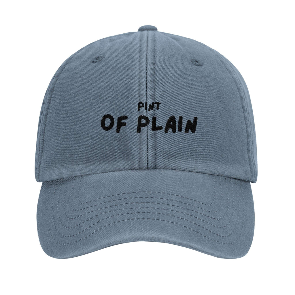 Vintage blue Dad hat with 'Pint of Plain' embroidery for casual style and comfort.