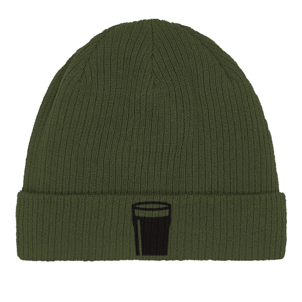 Pint of Plain Guinness beanie in organic cotton, featuring a stylish pint glass logo, perfect for eco-conscious fans.