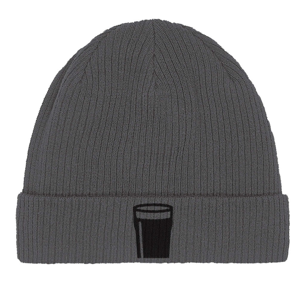Stylish gray Pint of Plain Guinness beanie made of 100% organic cotton, featuring a pint glass logo.