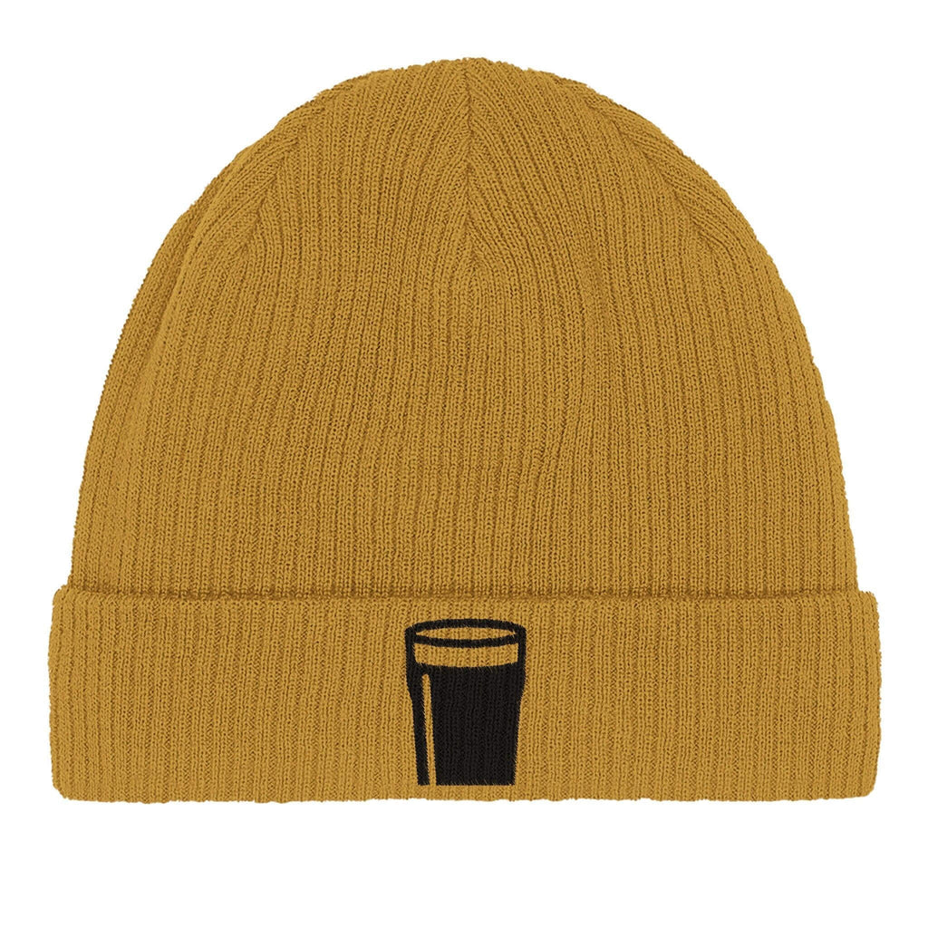 Pint of Plain Guinness beanie made from organic cotton, featuring a pint glass logo in a stylish yellow color.