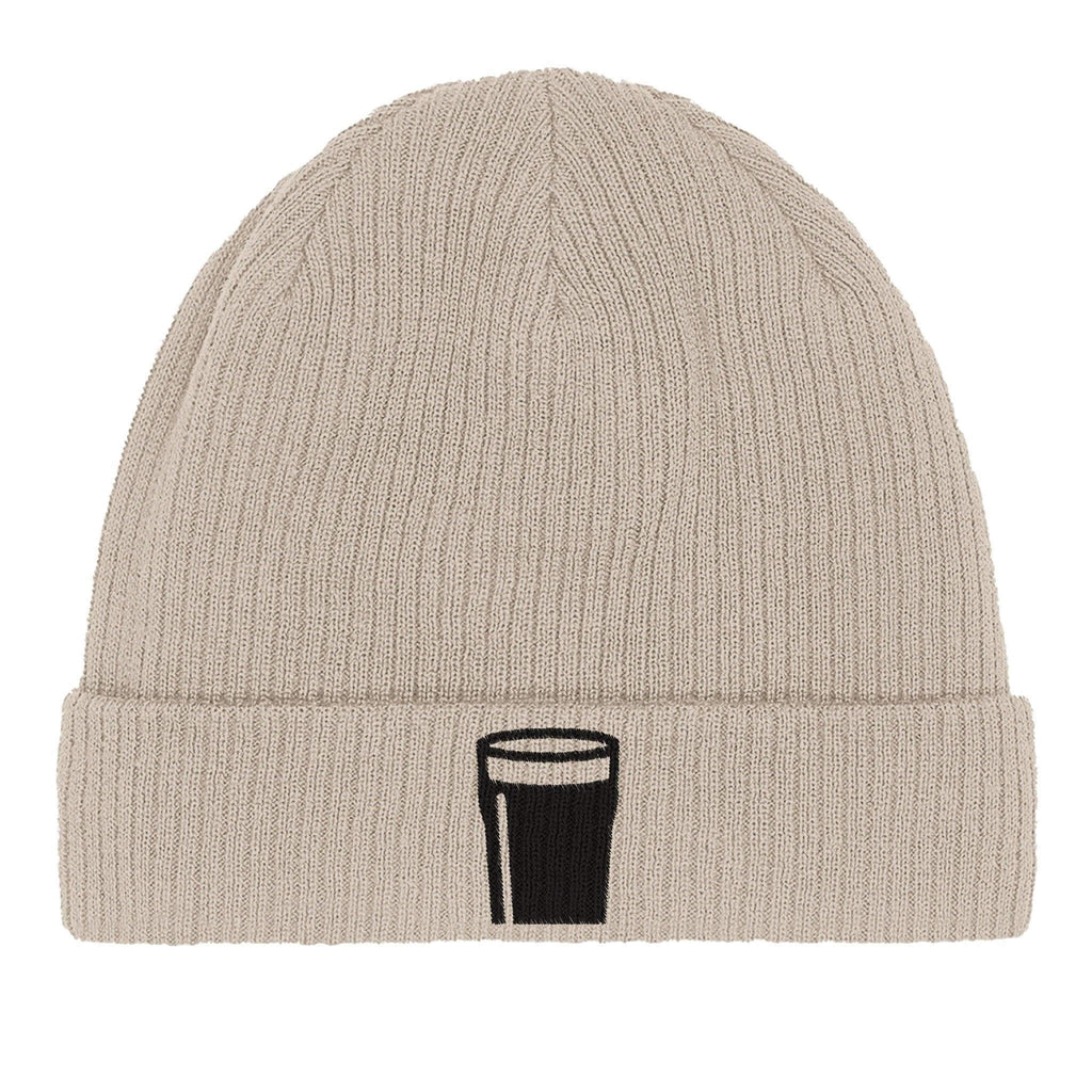 Lightweight organic cotton beanie with pint of plain Guinness logo for style and sustainability.