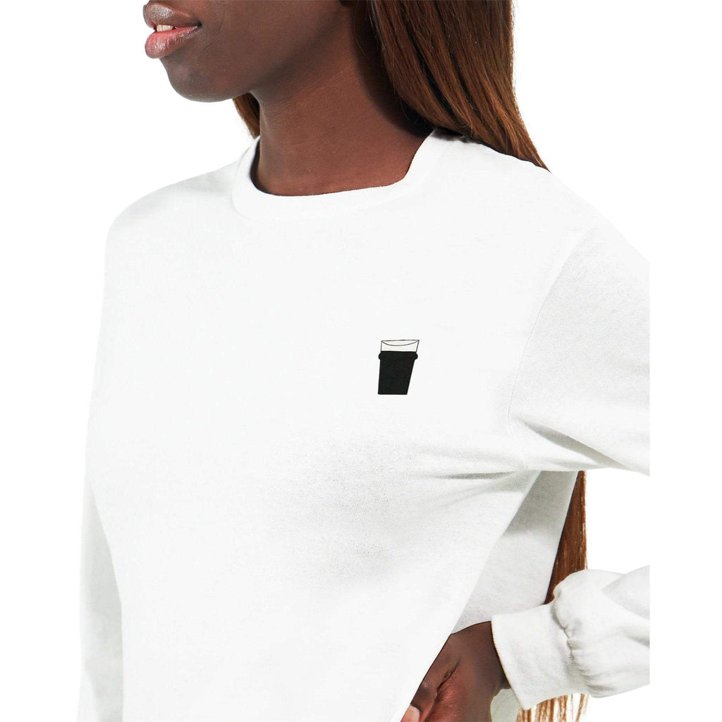 Model showcasing Pint of Plain Unisex Long Sleeve T-Shirt with pint glass graphic on chest, perfect for beer lovers.