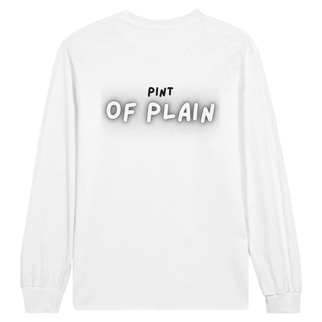 Back view of Pint of Plain long sleeve unisex T-shirt, perfect for pint lovers who enjoy casual style and comfort.