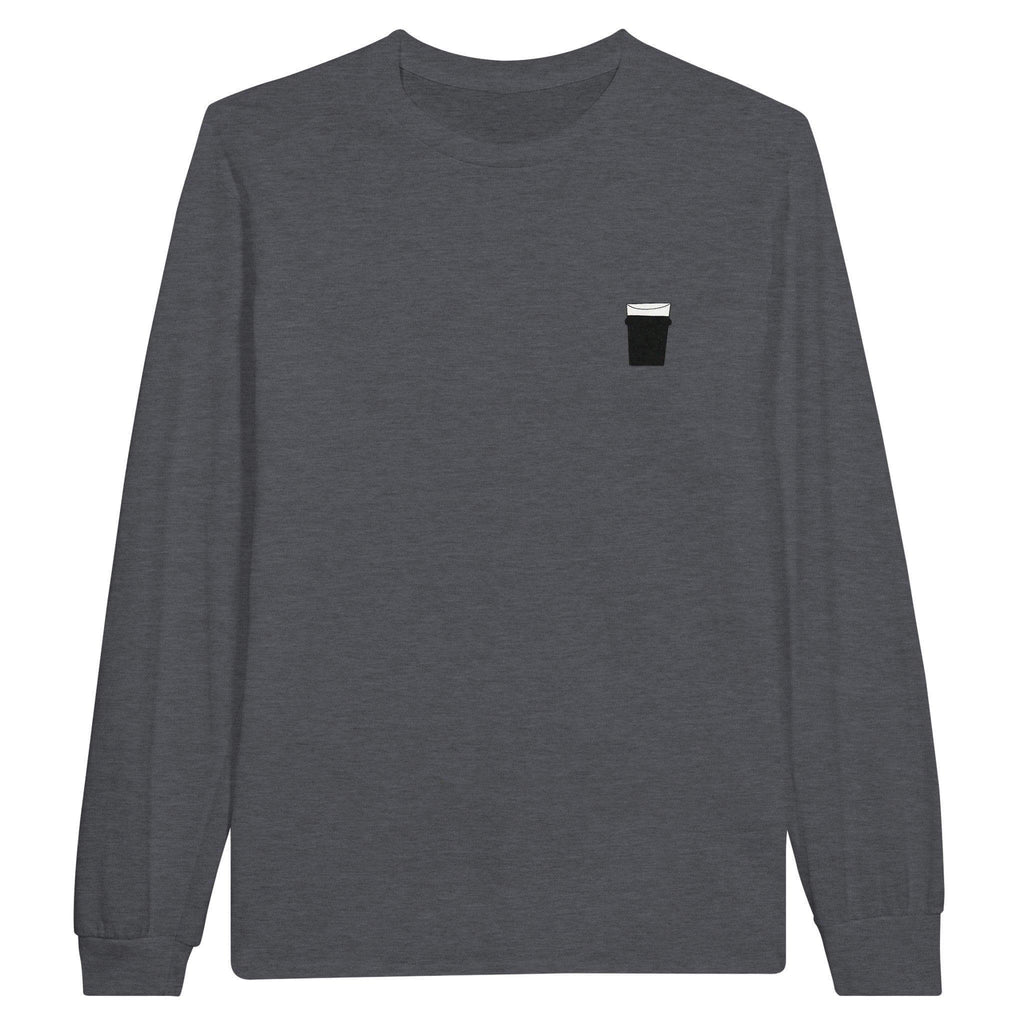 Gray long sleeve unisex t-shirt featuring a pint glass graphic, perfect for beer lovers and casual outings.