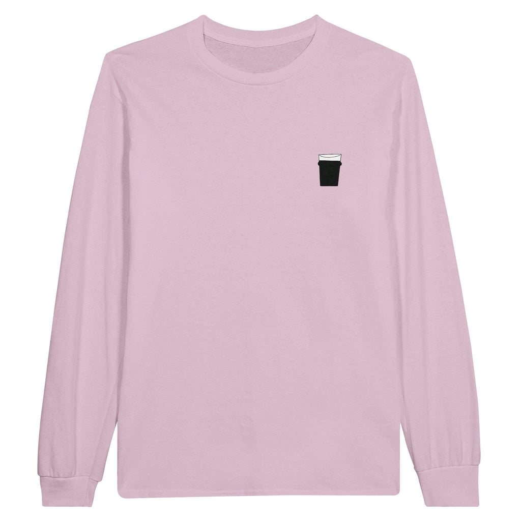 Light pink long sleeve unisex t-shirt featuring a pint glass graphic, perfect for beer lovers and casual outings.