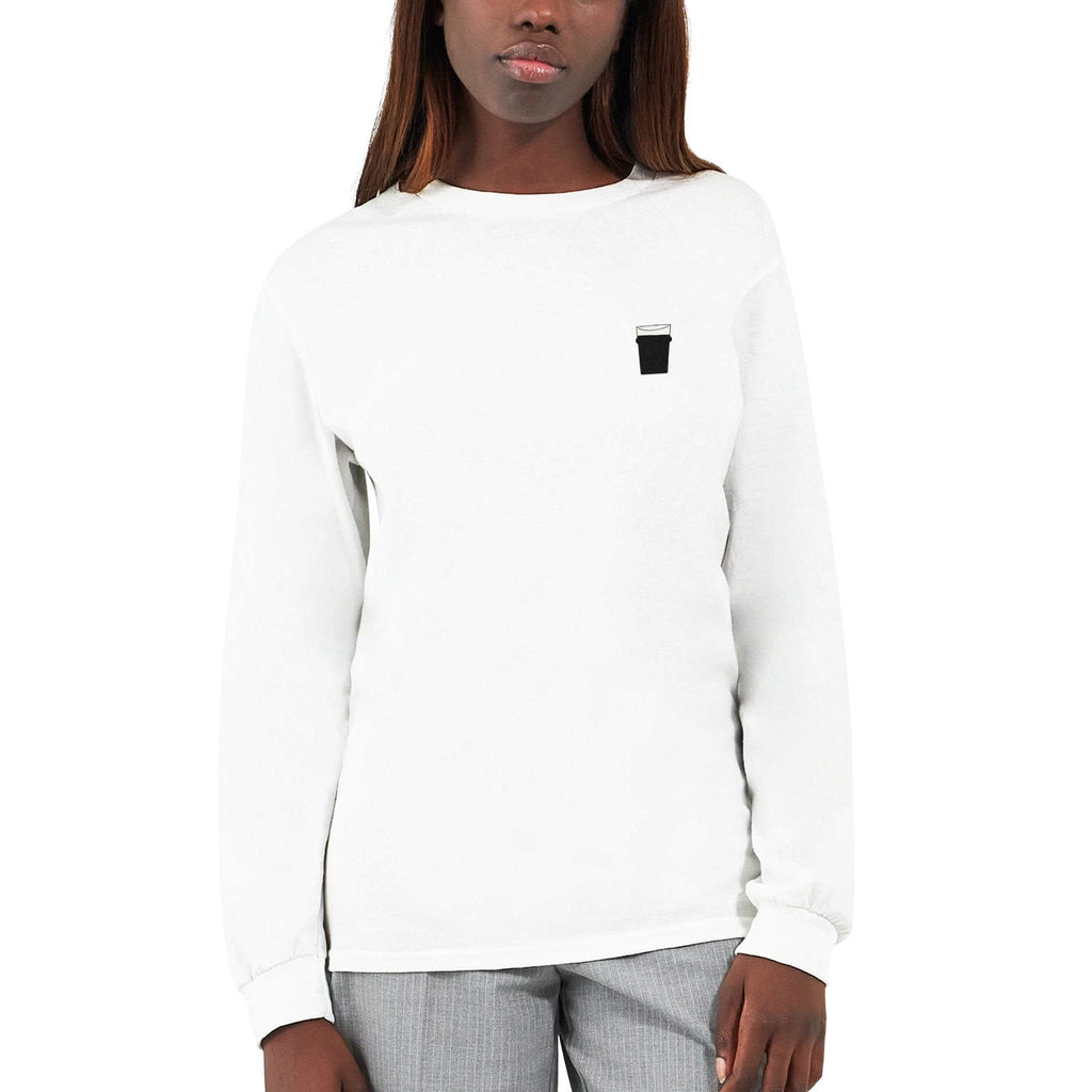 Unisex long sleeve white t-shirt with pint glass graphic, perfect for beer lovers and casual outings.
